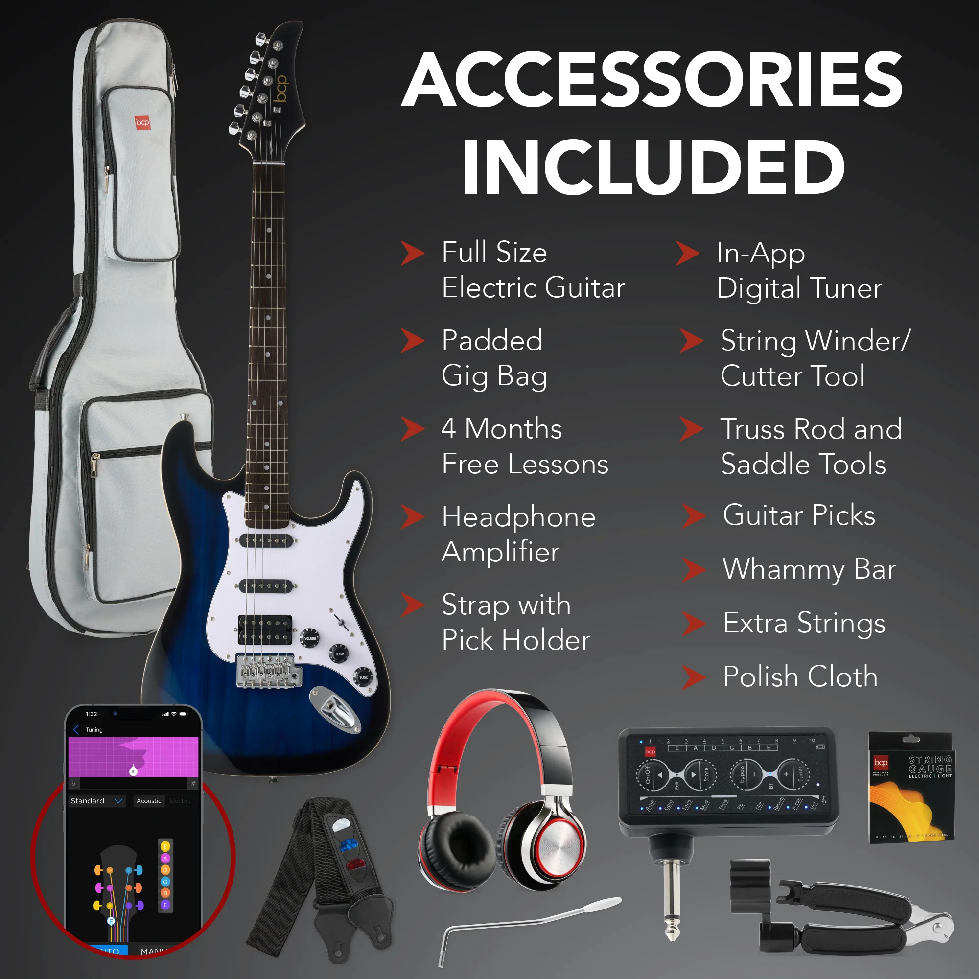 Beginner Electric Guitar Kit w/ Headphone Amp, Padded Gig Bag, Headphones - Image 23