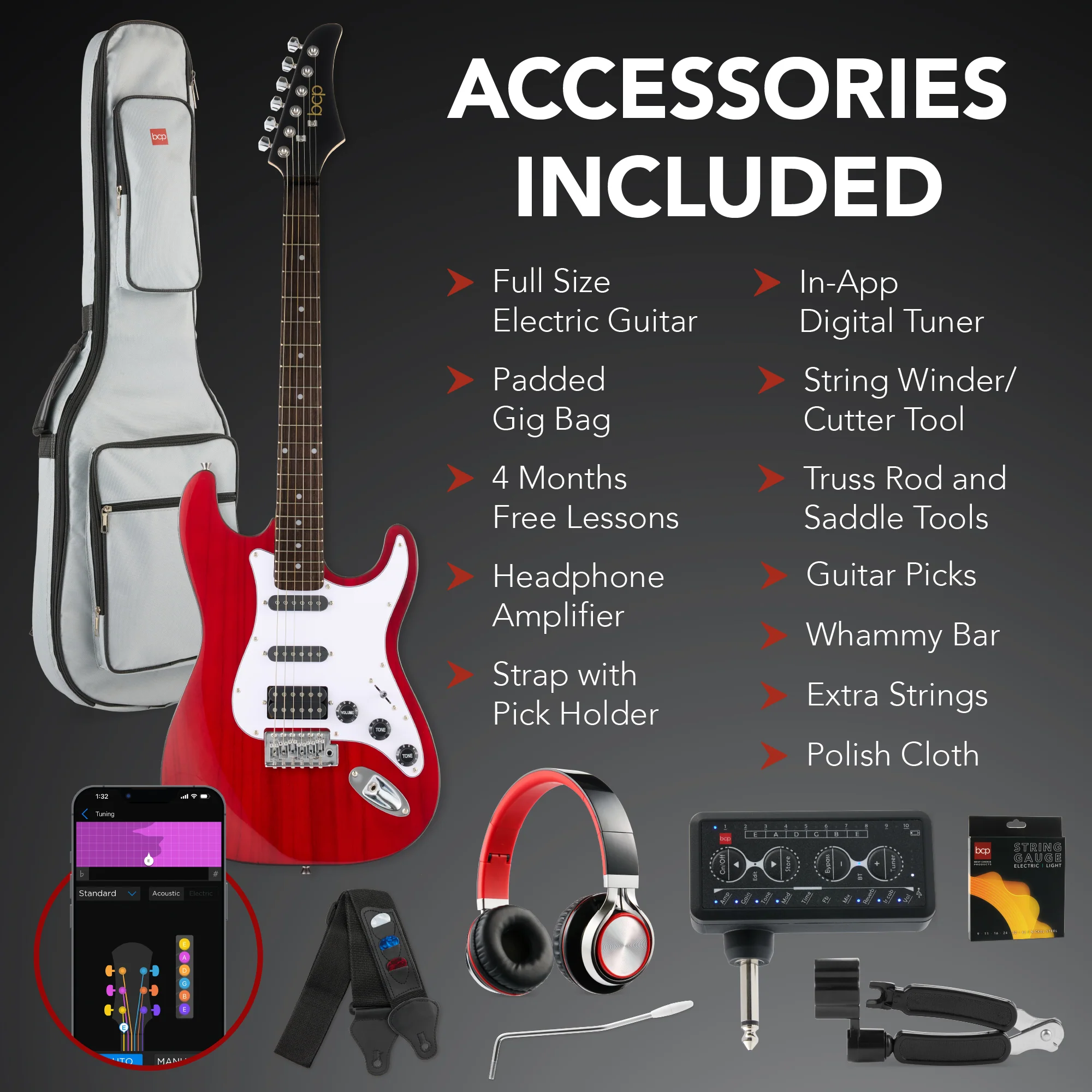 Beginner Electric Guitar Kit w/ Headphone Amp, Padded Gig Bag, Headphones - Image 31