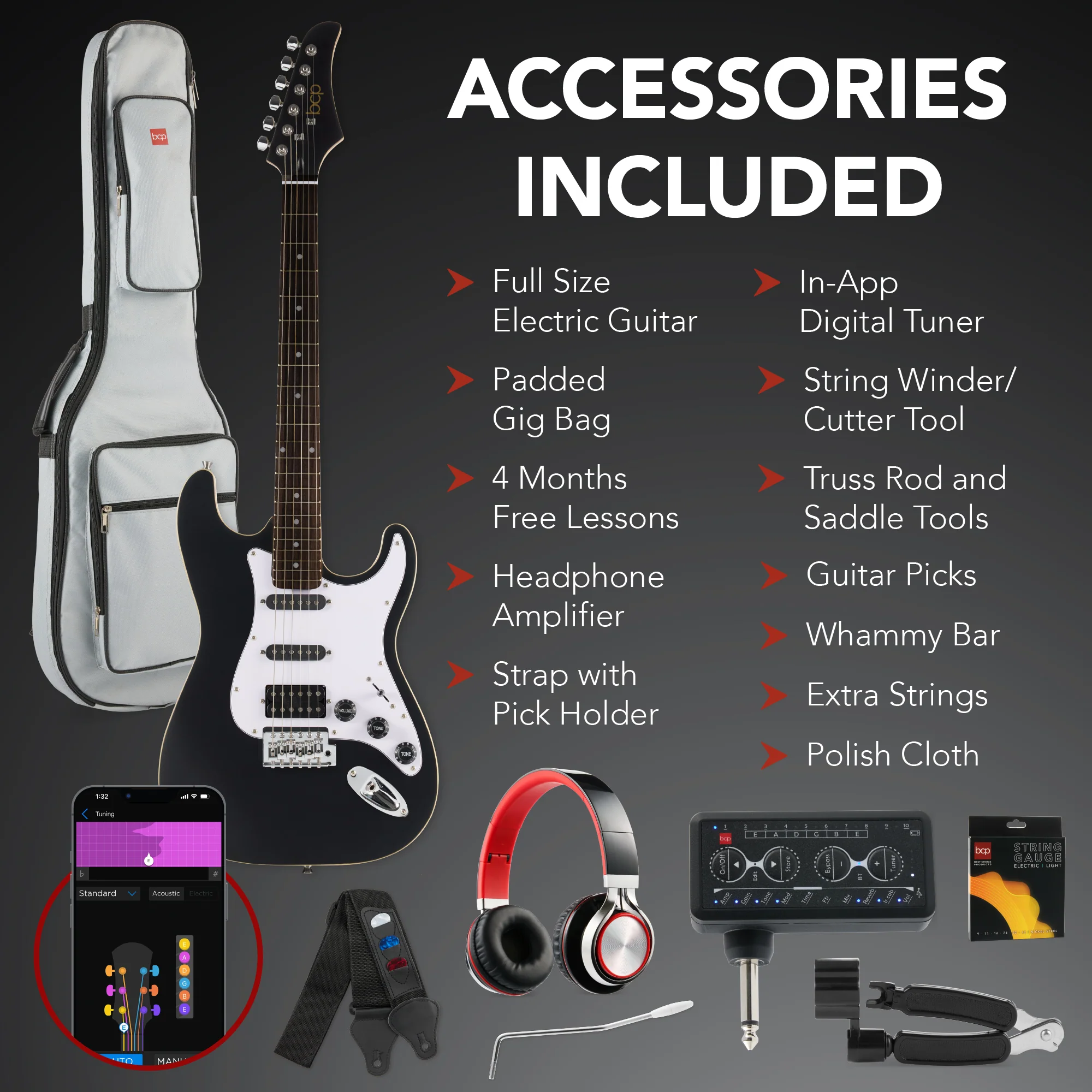Beginner Electric Guitar Kit w/ Headphone Amp, Padded Gig Bag, Headphones - Image 49