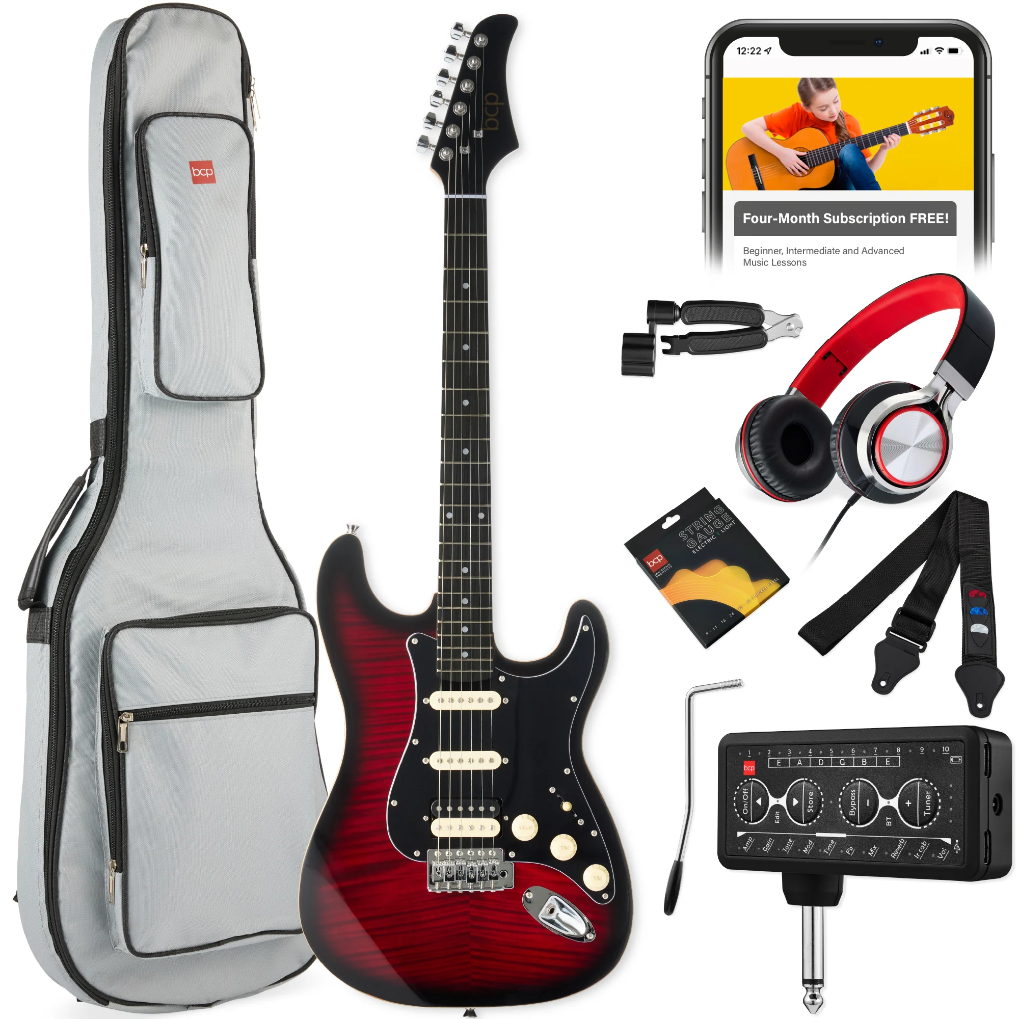 Beginner Electric Guitar Kit w/ Headphone Amp, Padded Gig Bag, Headphones - Image 54