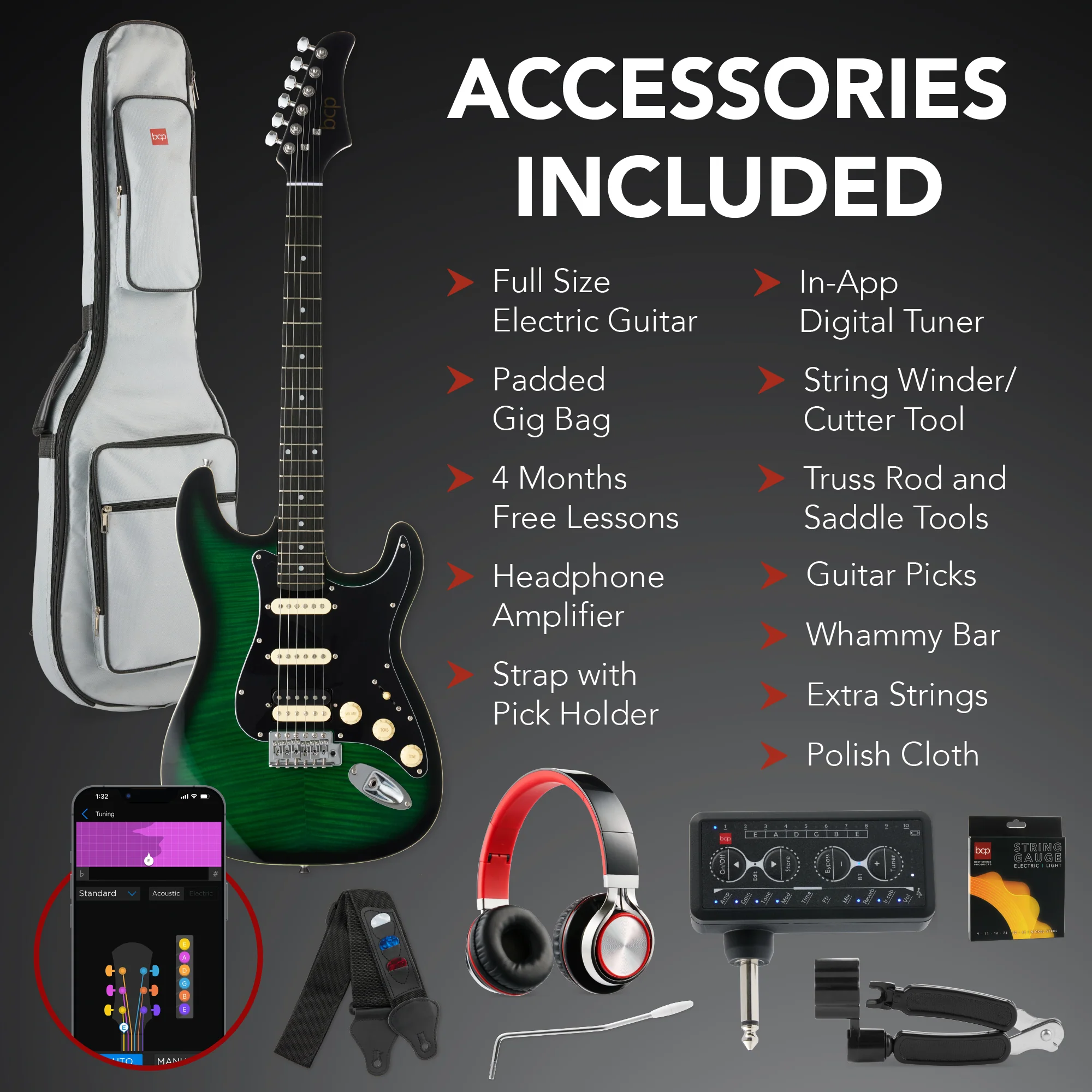 Beginner Electric Guitar Kit w/ Headphone Amp, Padded Gig Bag, Headphones - Image 76