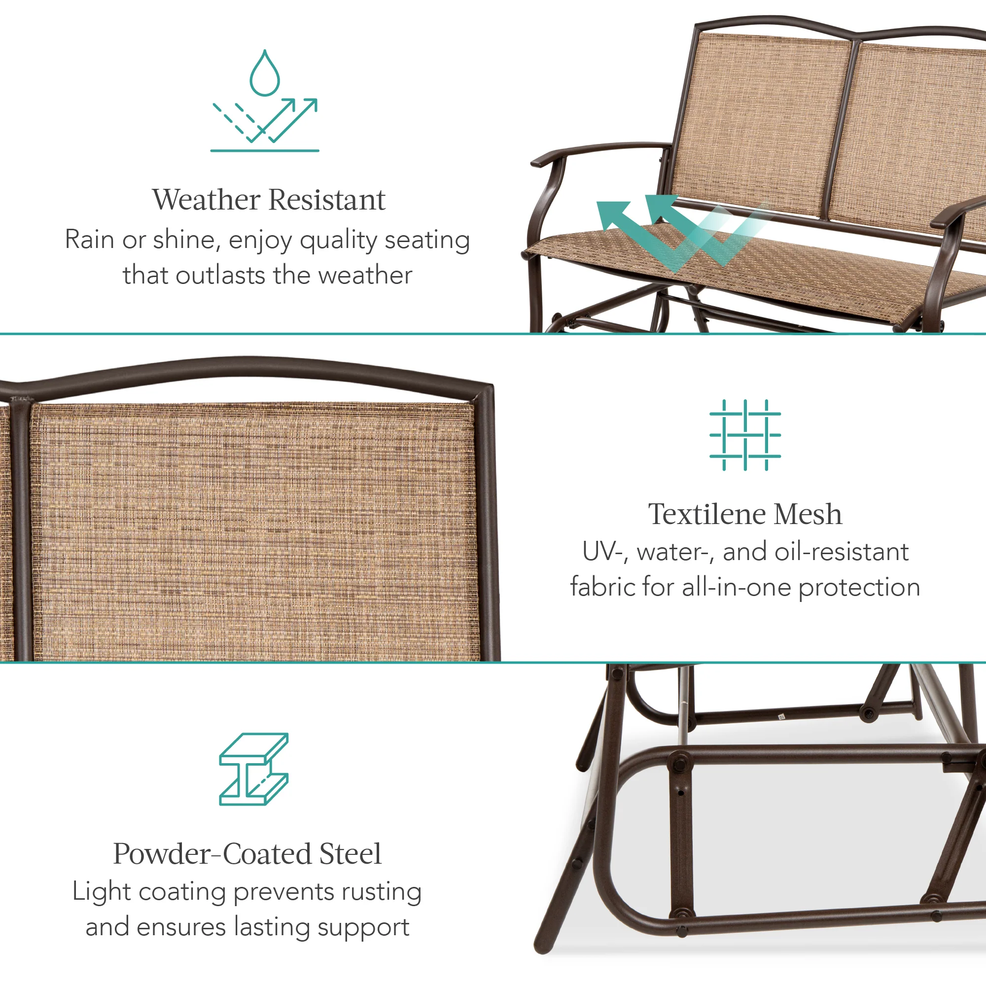 2-Person Patio Loveseat Swing Glider, Bench Rocker w/ Armrests - Image 10