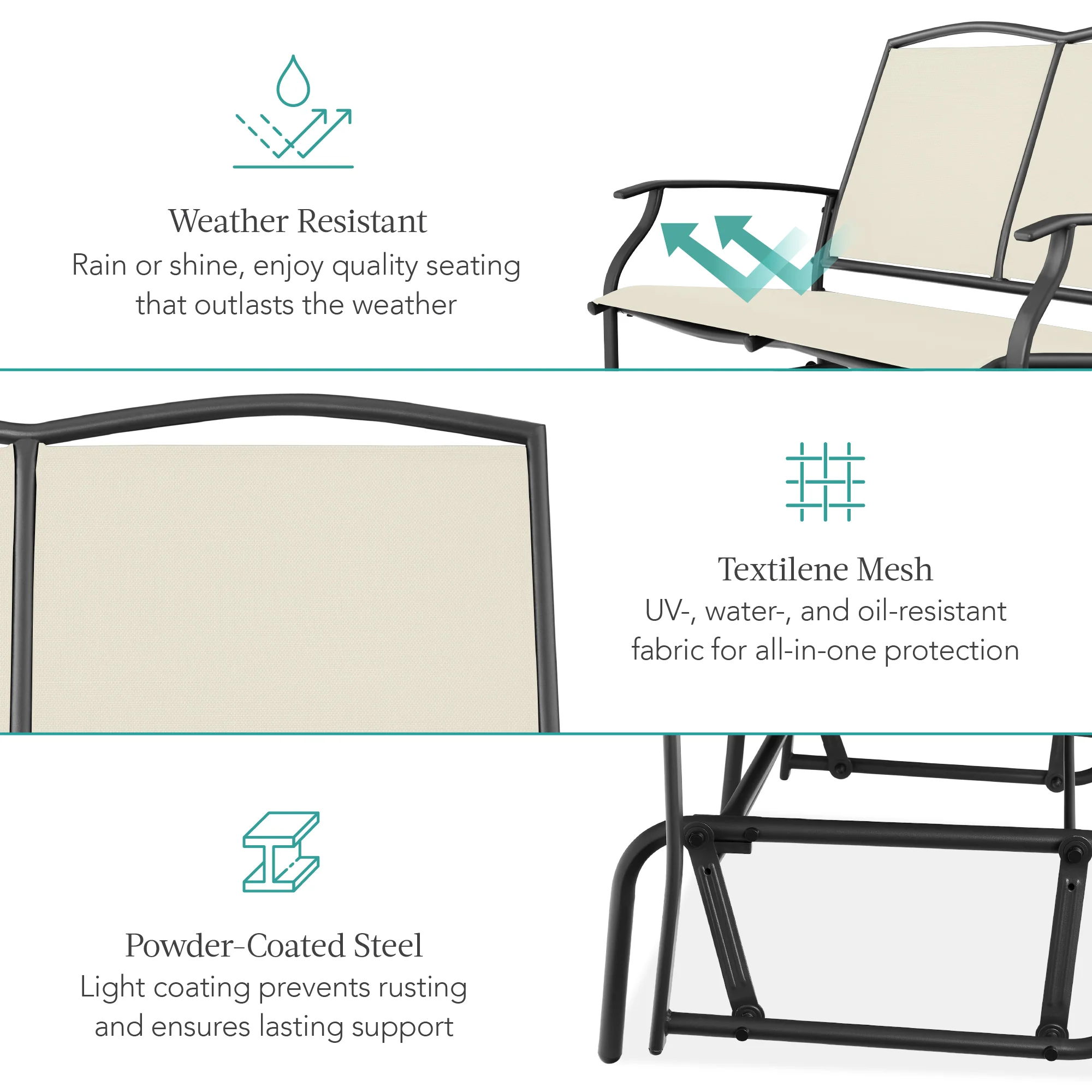 2-Person Patio Loveseat Swing Glider, Bench Rocker w/ Armrests - Image 3