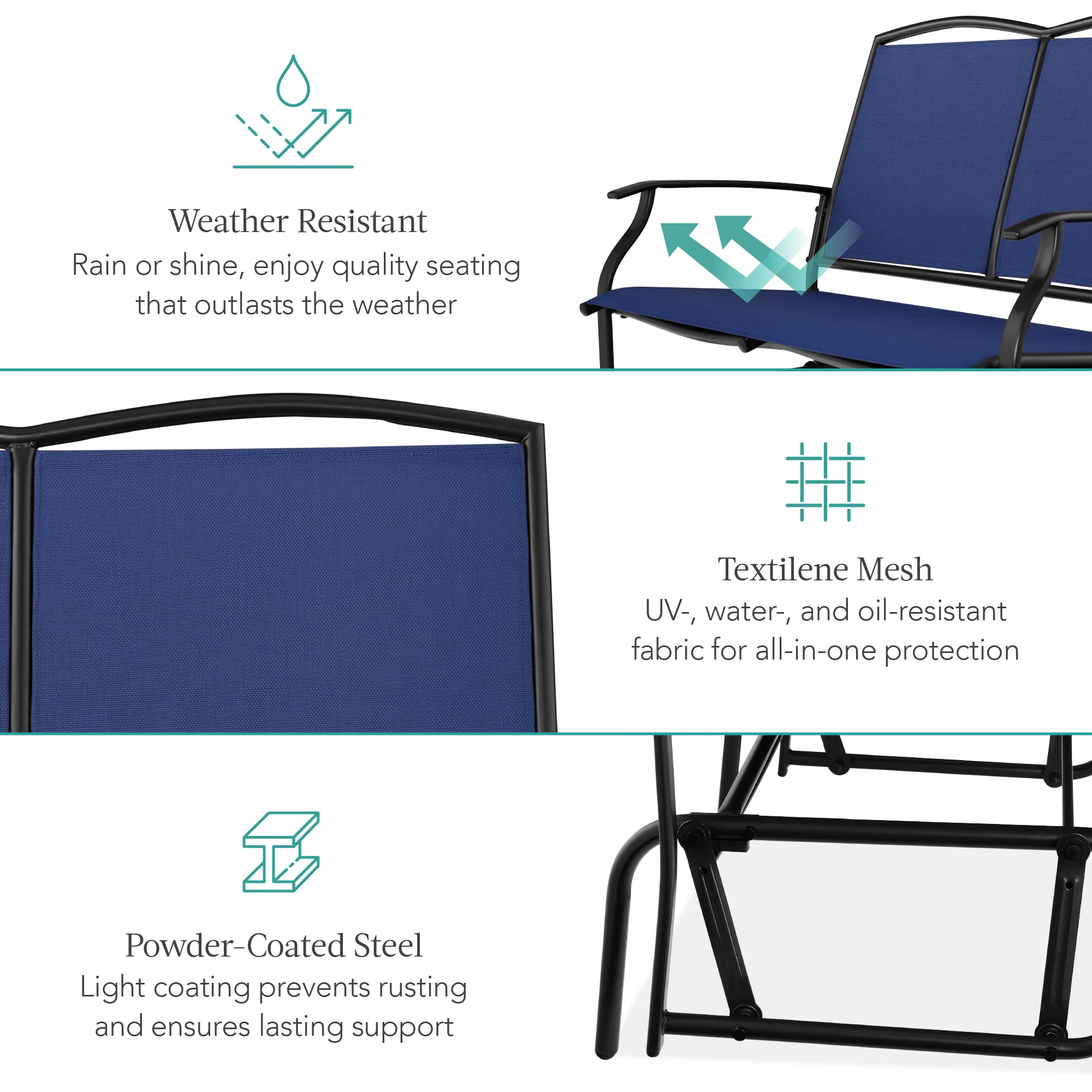 2-Person Patio Loveseat Swing Glider, Bench Rocker w/ Armrests - Image 31
