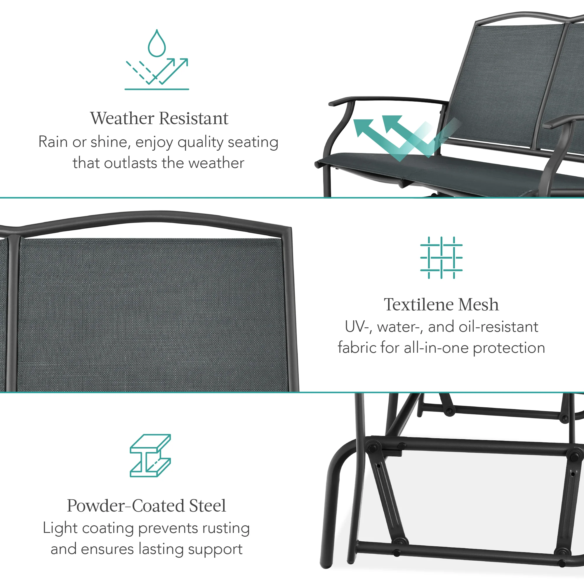 2-Person Patio Loveseat Swing Glider, Bench Rocker w/ Armrests - Image 38