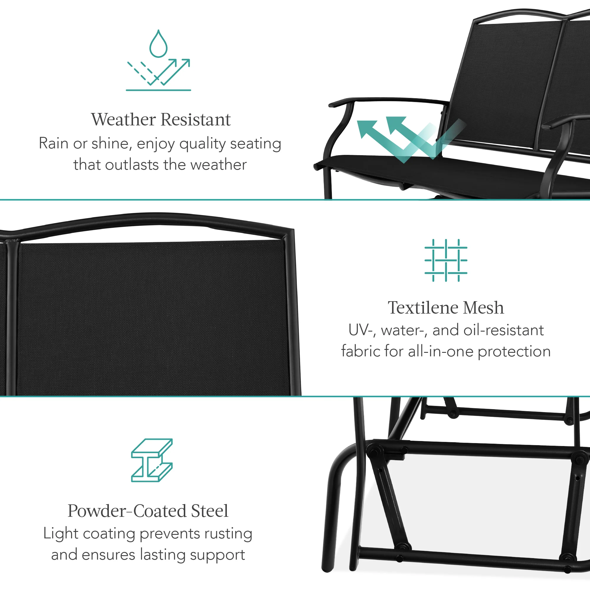 2-Person Patio Loveseat Swing Glider, Bench Rocker w/ Armrests - Image 73