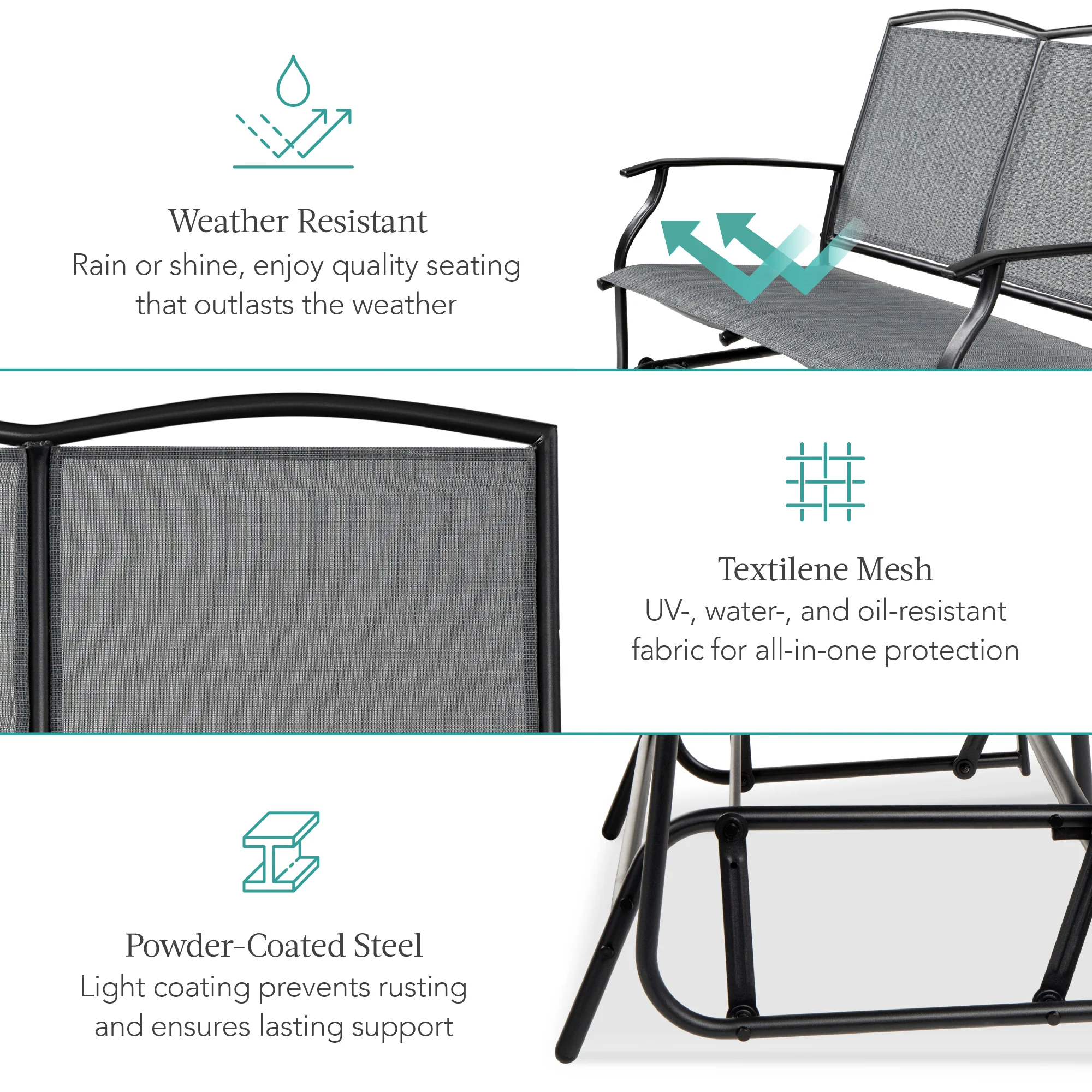 2-Person Patio Loveseat Swing Glider, Bench Rocker w/ Armrests - Image 80