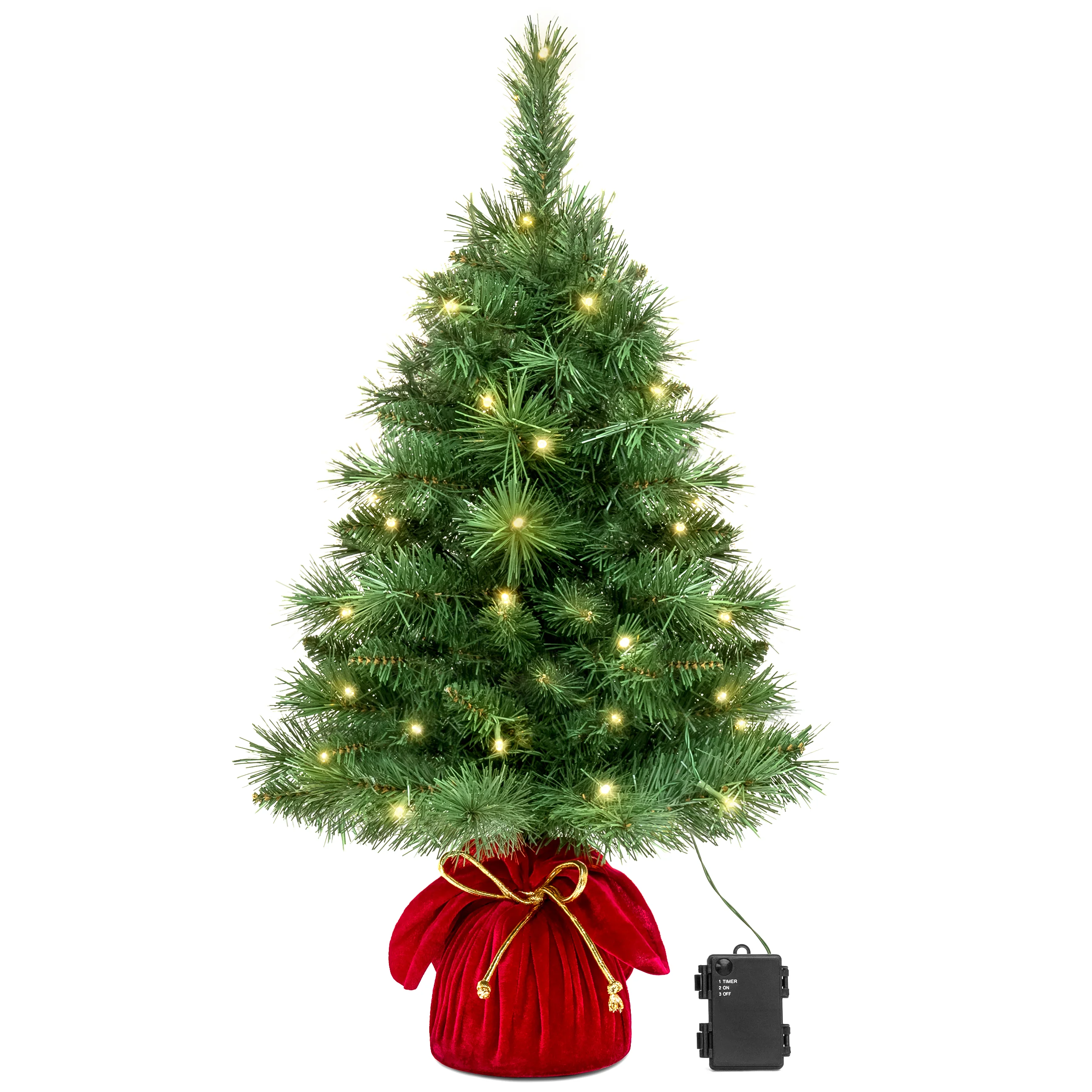 Pre-Lit Tabletop Christmas Tree w/ Red Velvet Cover & Gold Cord - Image 3
