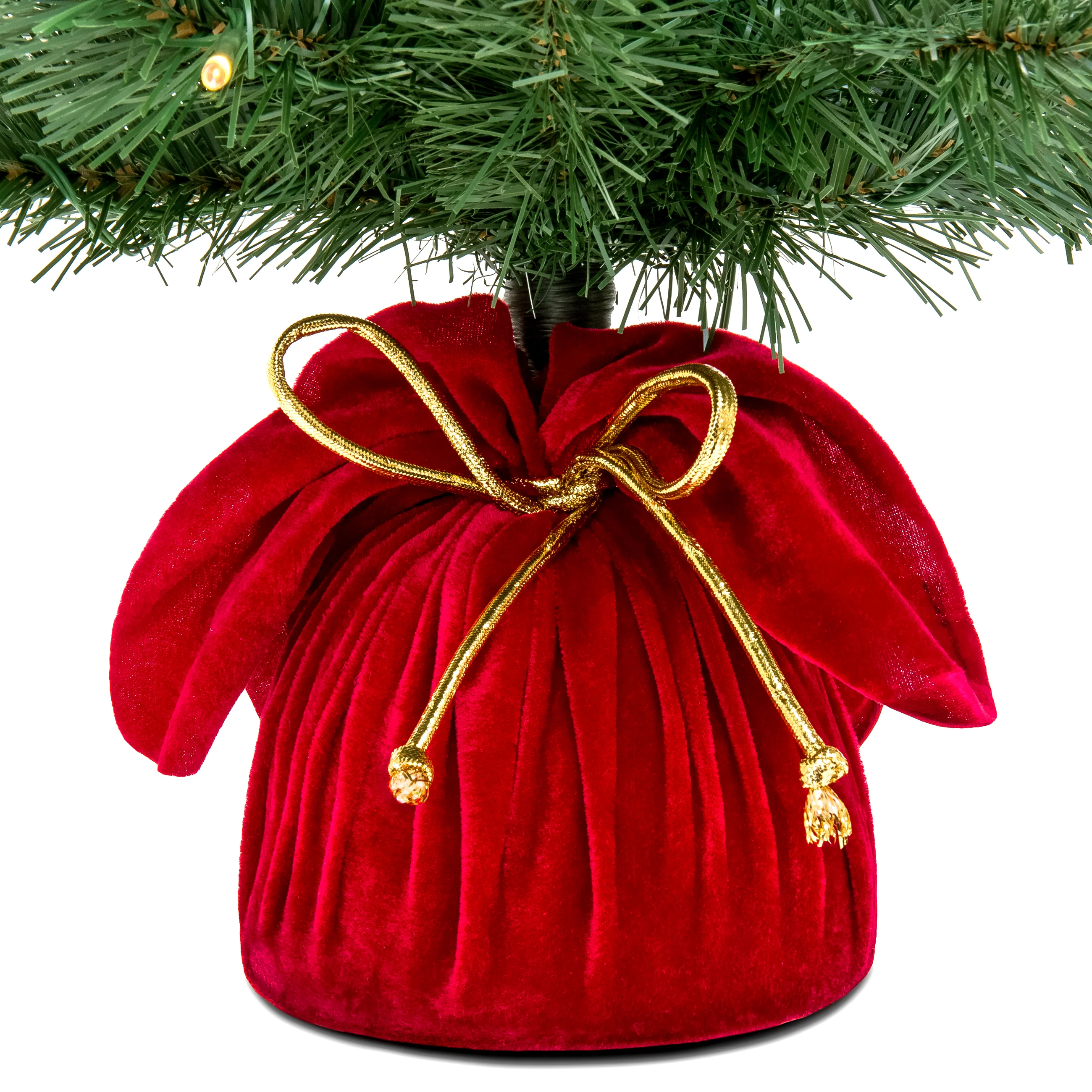 Pre-Lit Tabletop Christmas Tree w/ Red Velvet Cover & Gold Cord - Image 4