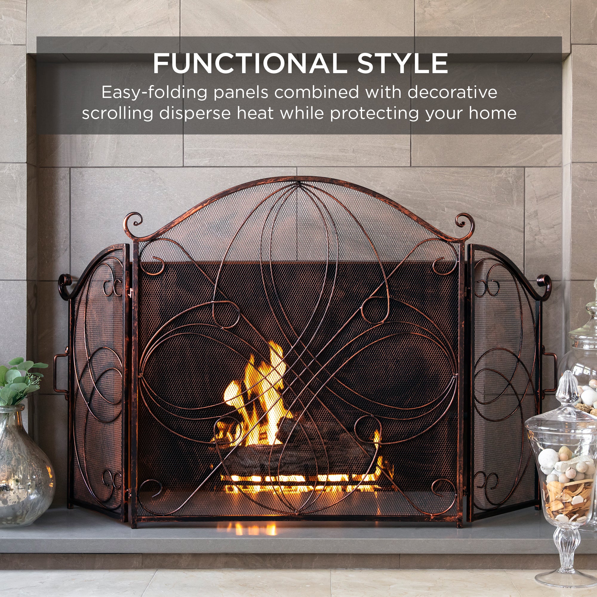3-Panel Wrought Iron Metal Fireplace Screen Cover w/ Scroll Design - 55x33in - Image 20