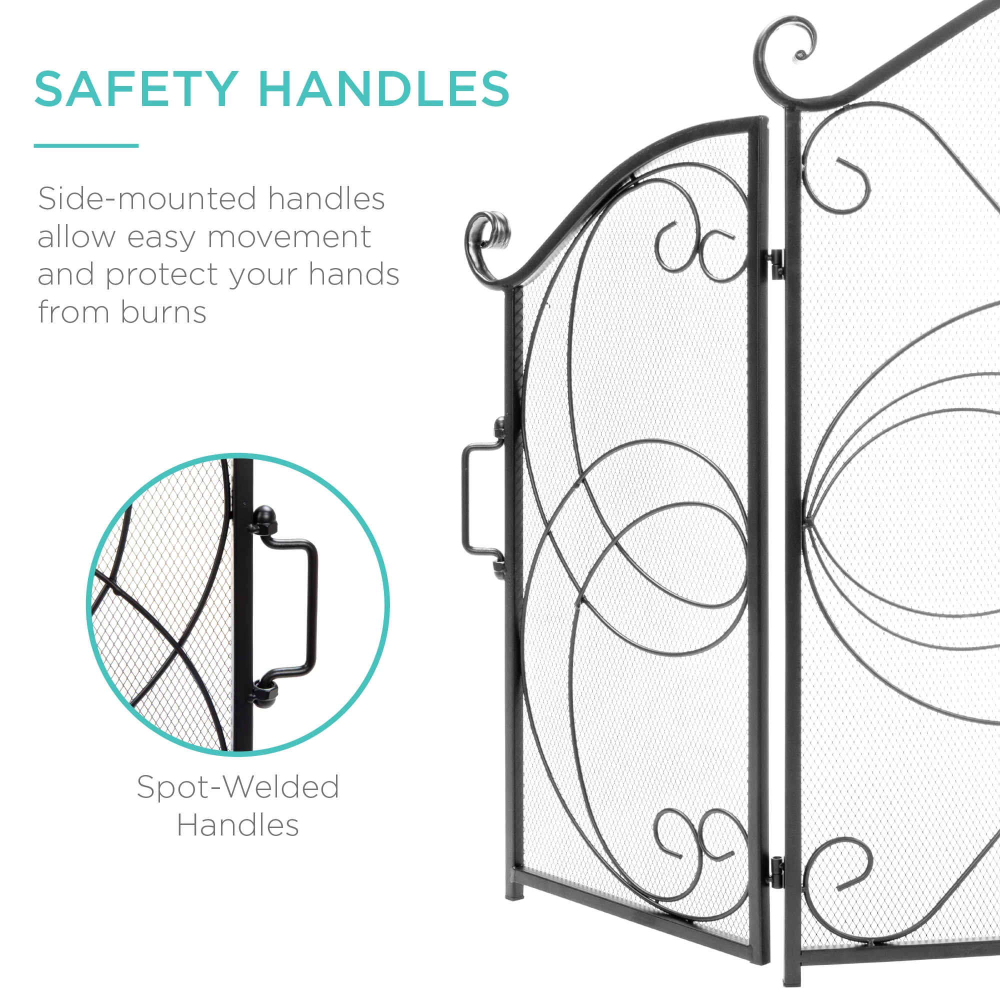 3-Panel Wrought Iron Metal Fireplace Screen Cover w/ Scroll Design - 55x33in - Image 26