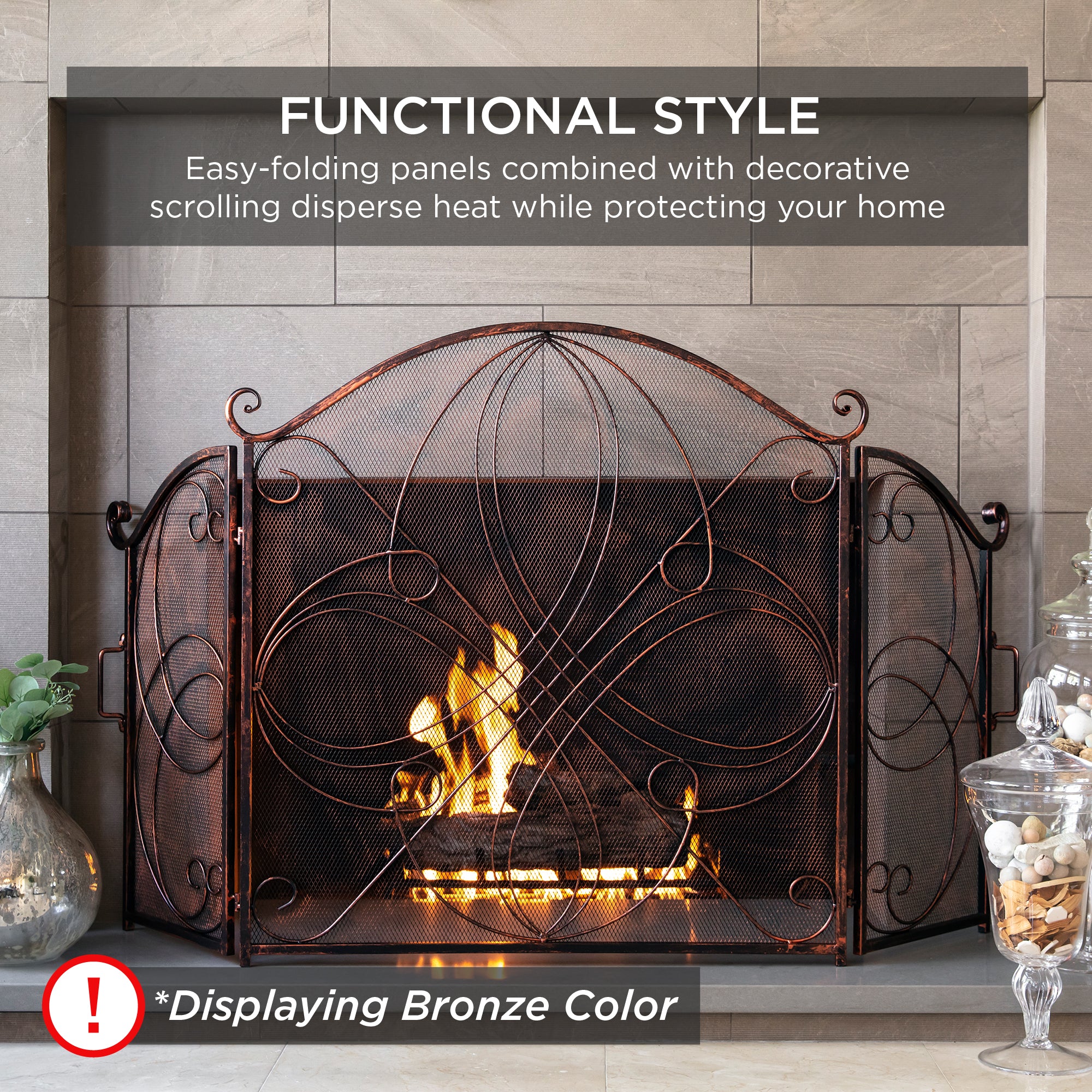 3-Panel Wrought Iron Metal Fireplace Screen Cover w/ Scroll Design - 55x33in - Image 27