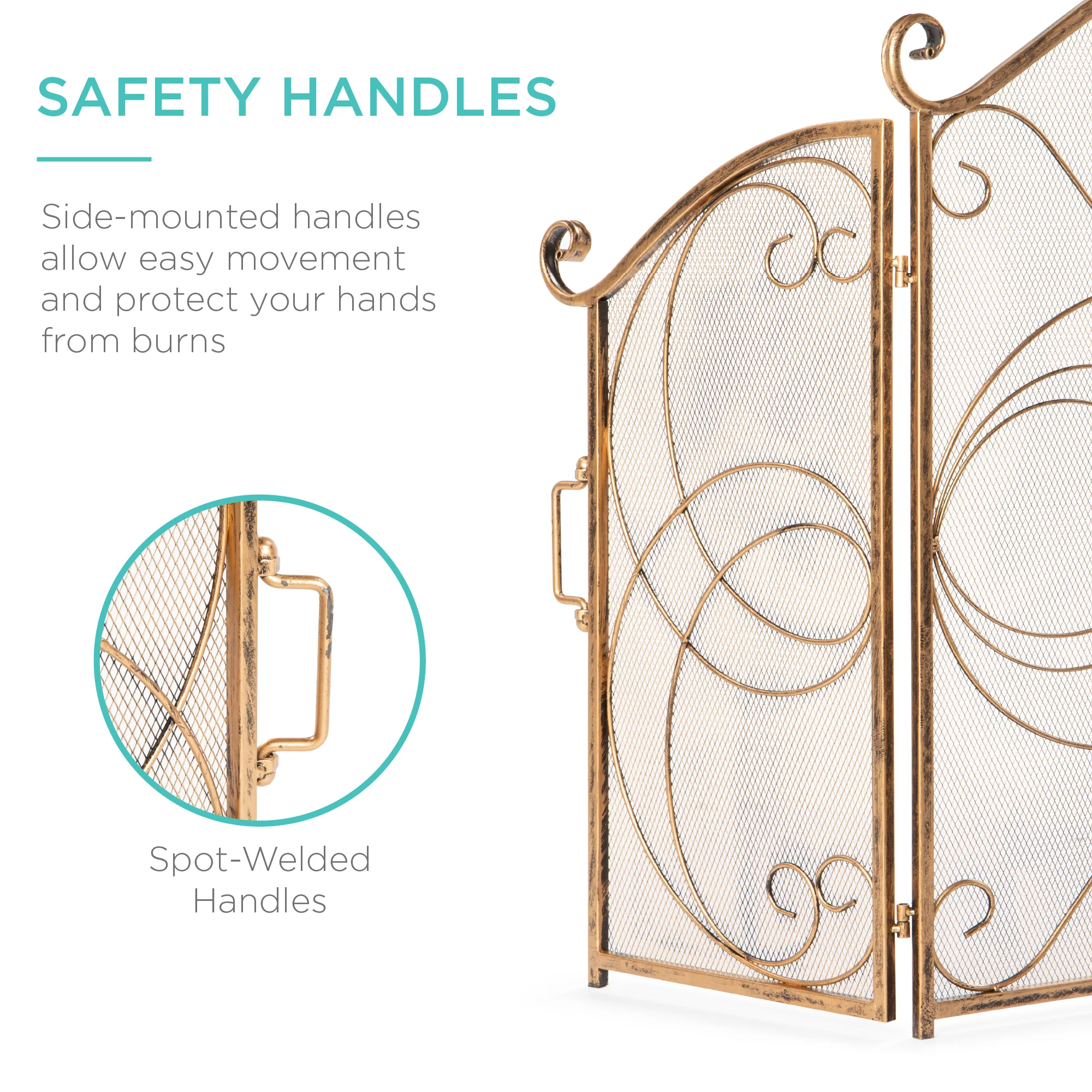 3-Panel Wrought Iron Metal Fireplace Screen Cover w/ Scroll Design - 55x33in - Image 5