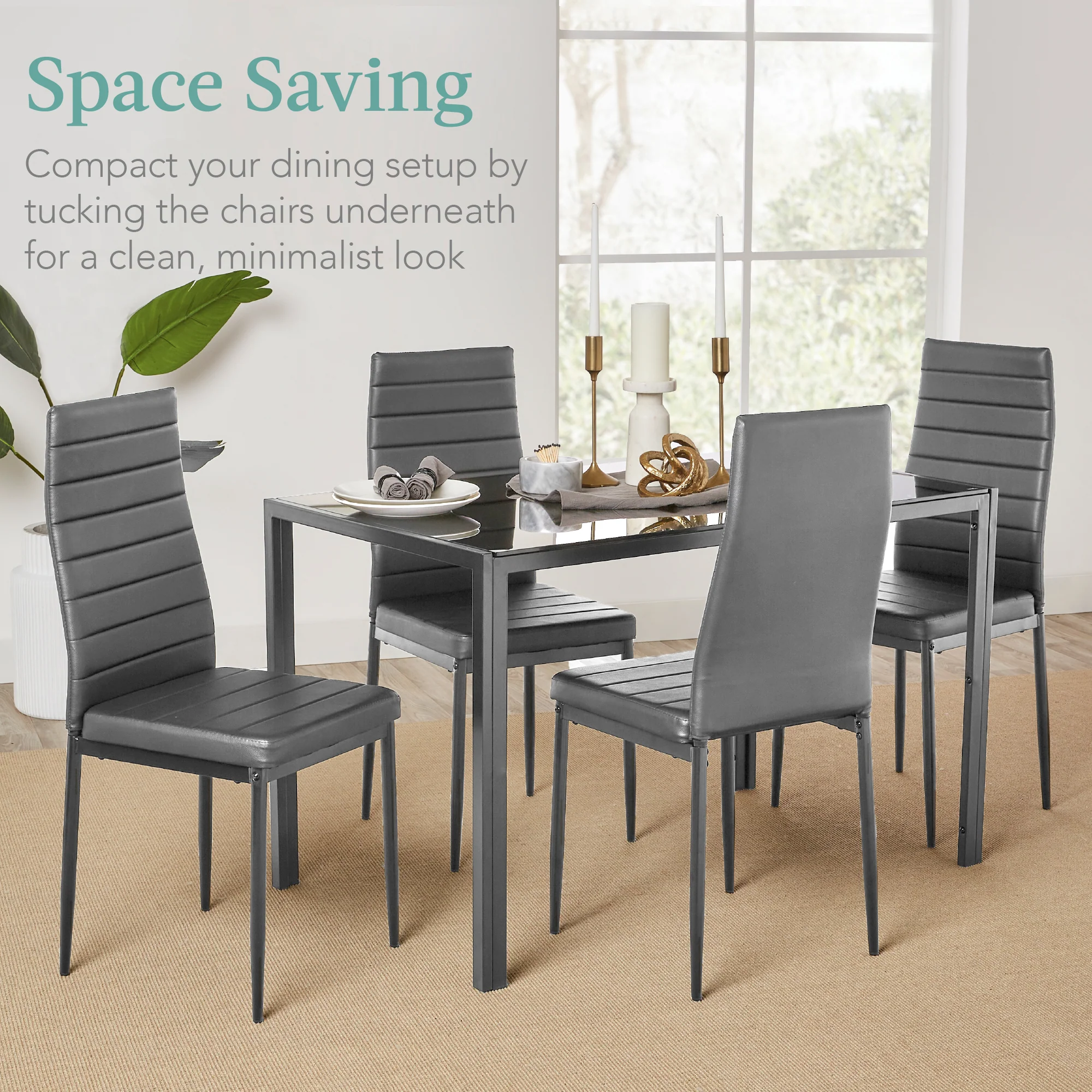5-Piece Dining Table Set w/ Glass Top, Leather Chairs - Image 13