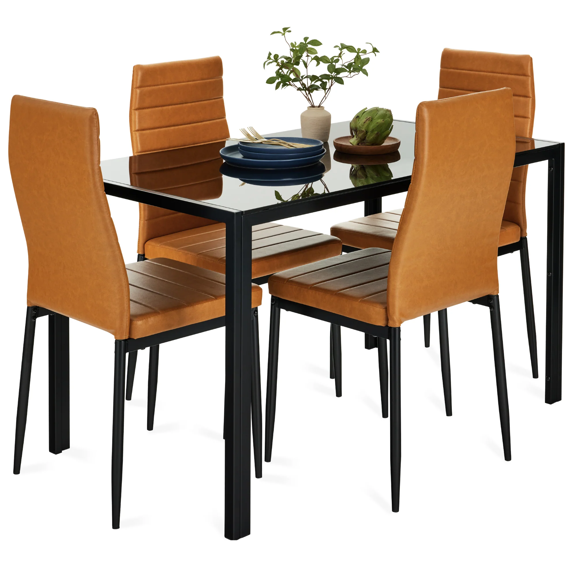 5-Piece Dining Table Set w/ Glass Top, Leather Chairs - Image 15