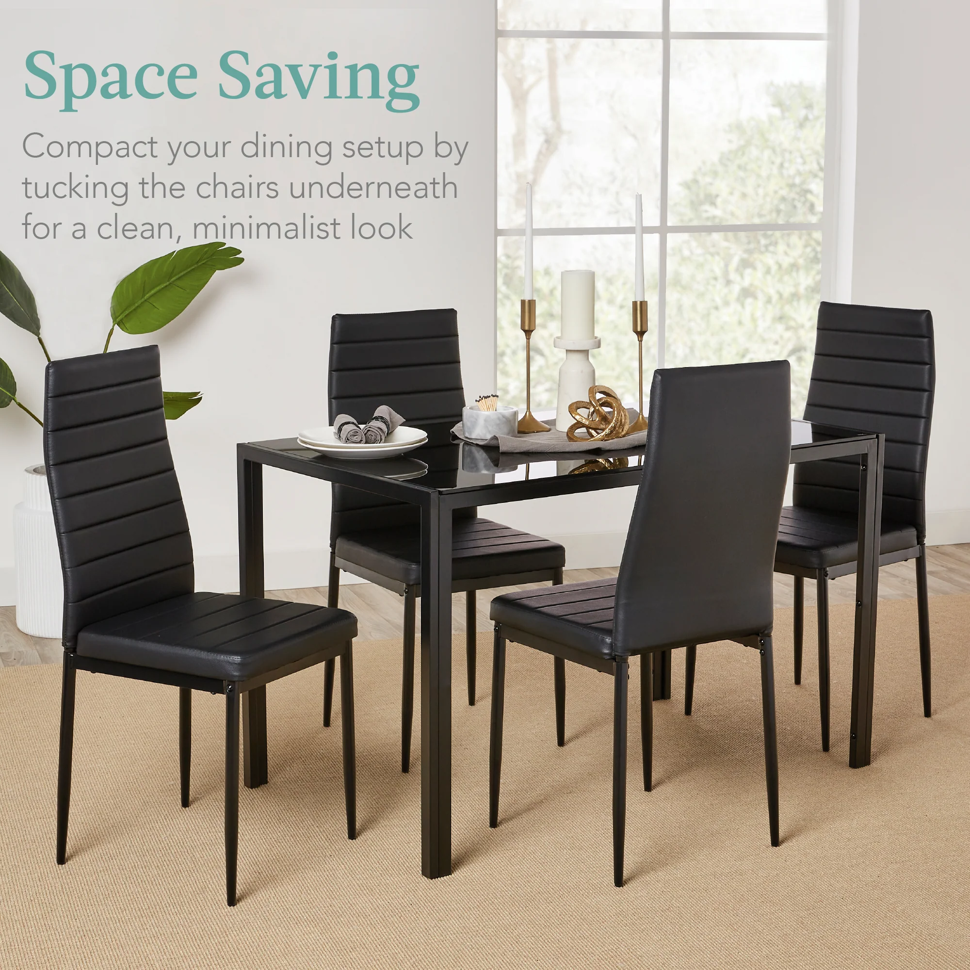 5-Piece Dining Table Set w/ Glass Top, Leather Chairs - Image 27