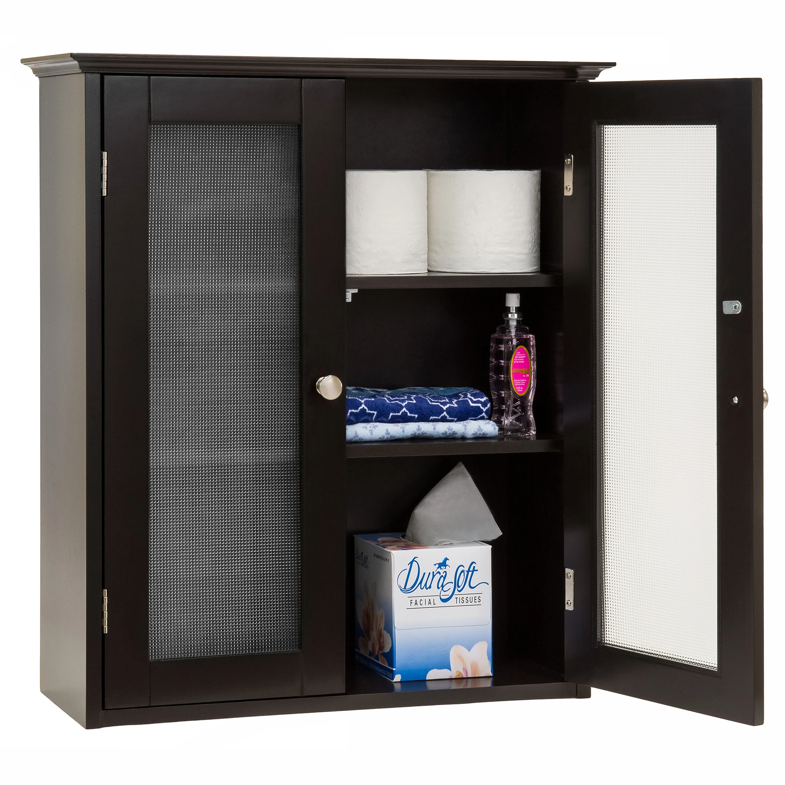 Bathroom Wall Storage Medicine Cabinet w/ Tempered Glass Double Doors - Image 3