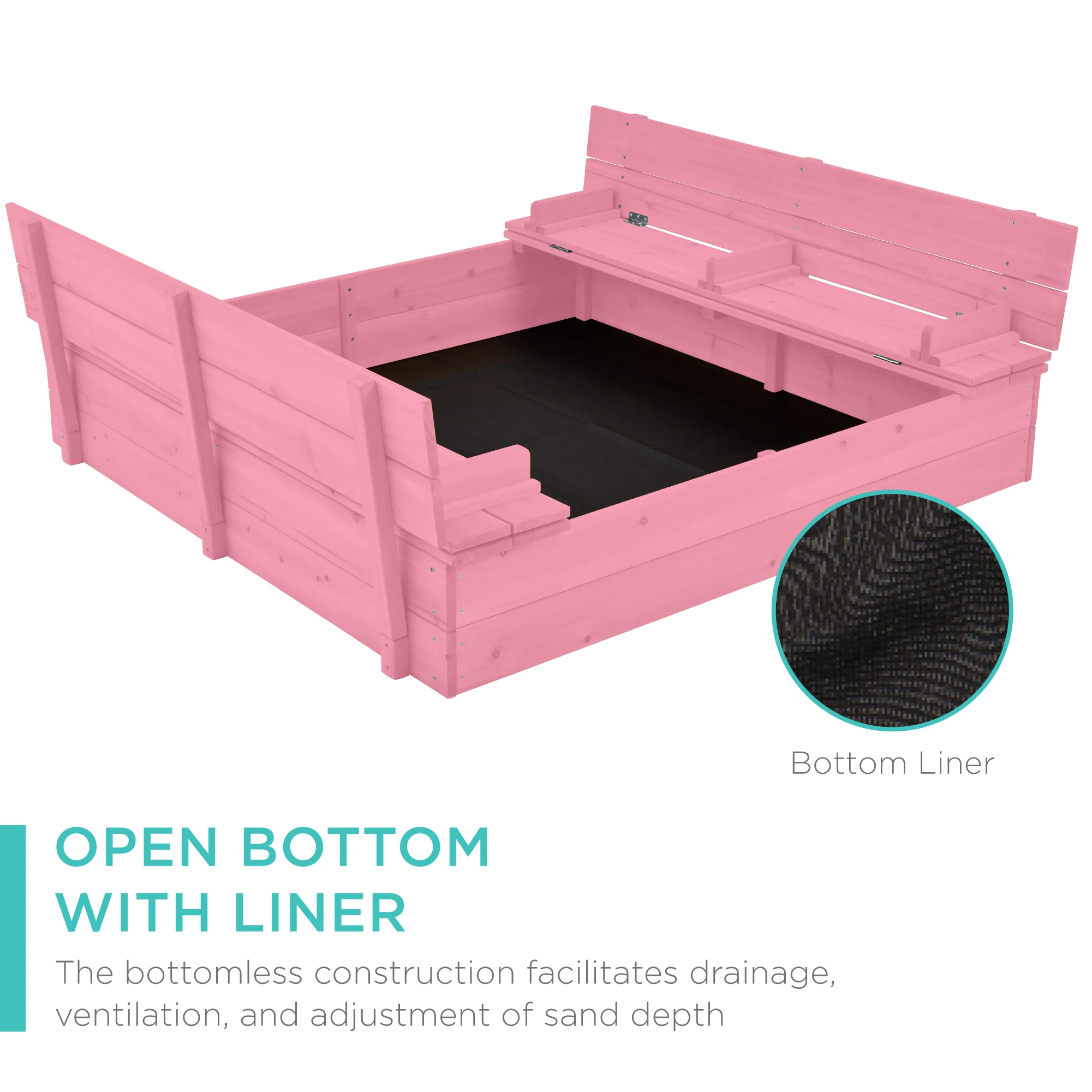 Kids Cedar Sandbox w/ Sand Screen, 2 Benches - 47x47in - Image 12