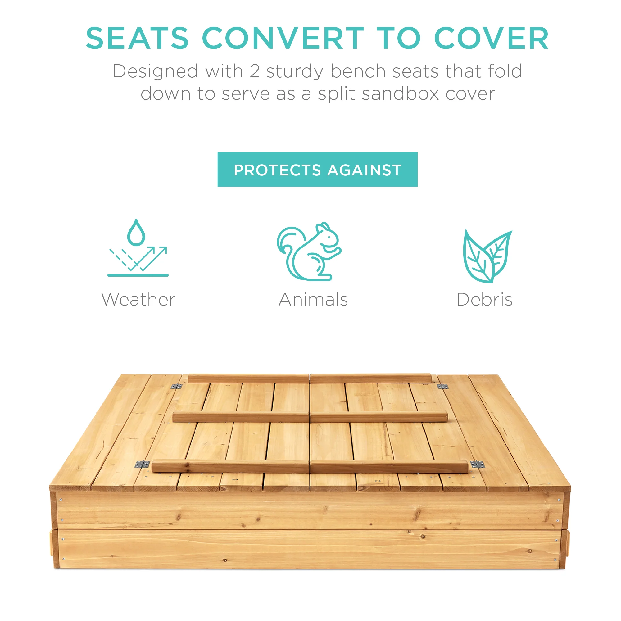 Kids Cedar Sandbox w/ Sand Screen, 2 Benches - 47x47in - Image 17