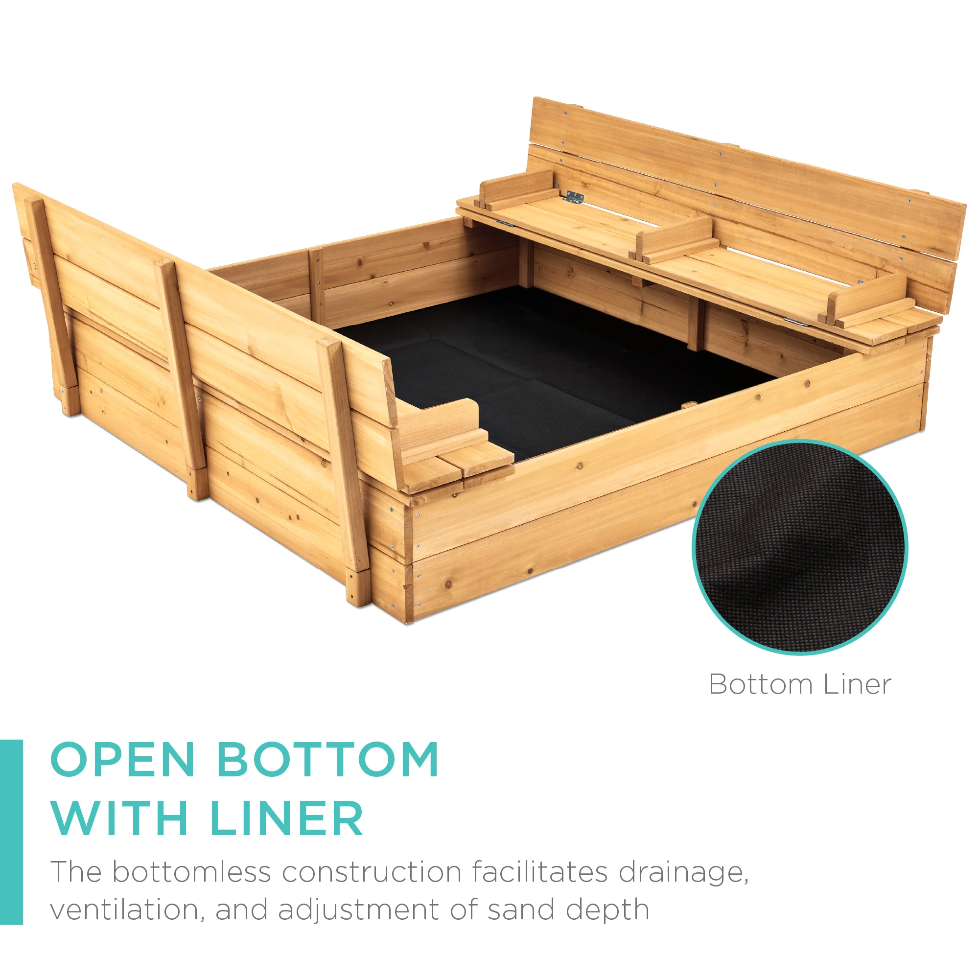 Kids Cedar Sandbox w/ Sand Screen, 2 Benches - 47x47in - Image 19