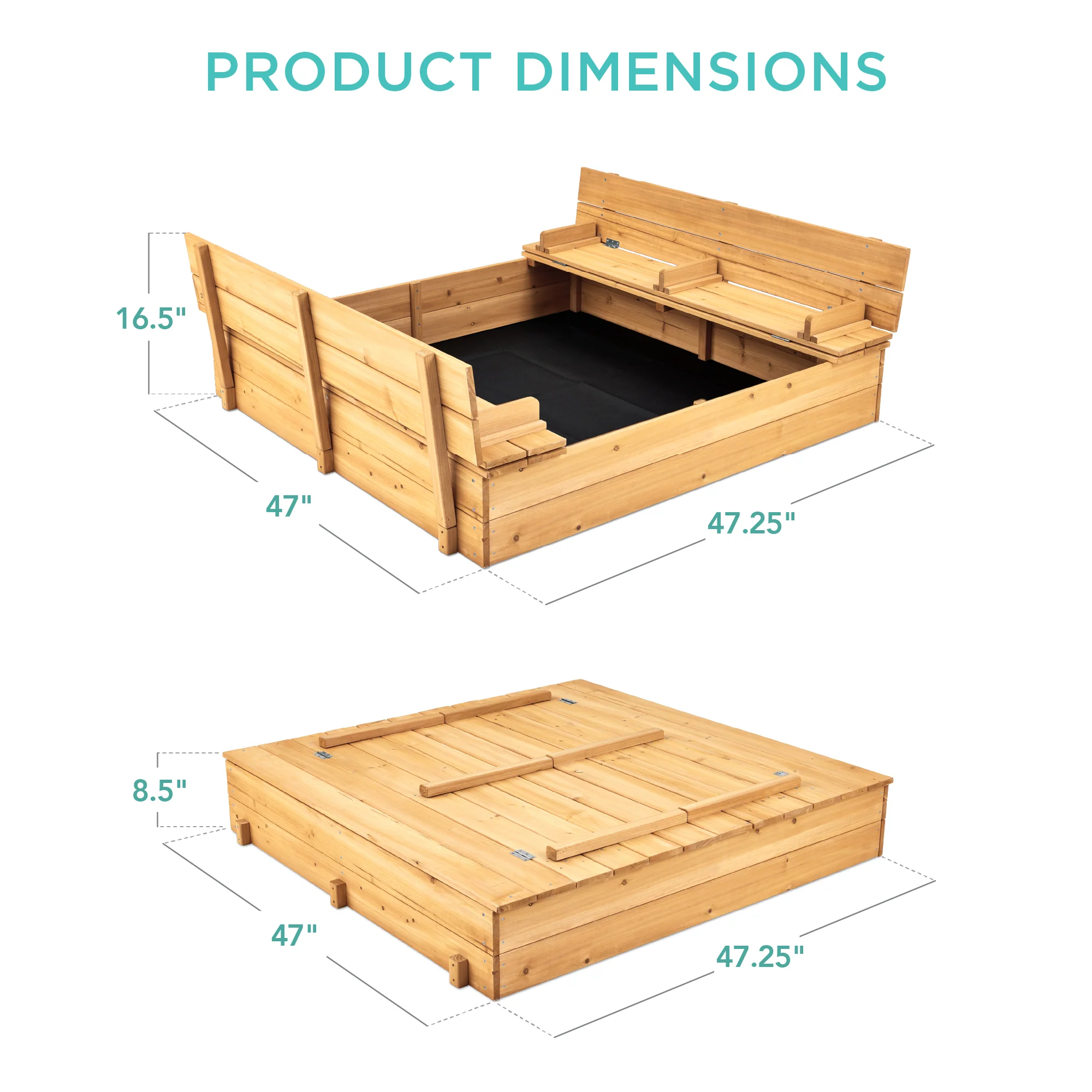 Kids Cedar Sandbox w/ Sand Screen, 2 Benches - 47x47in - Image 21