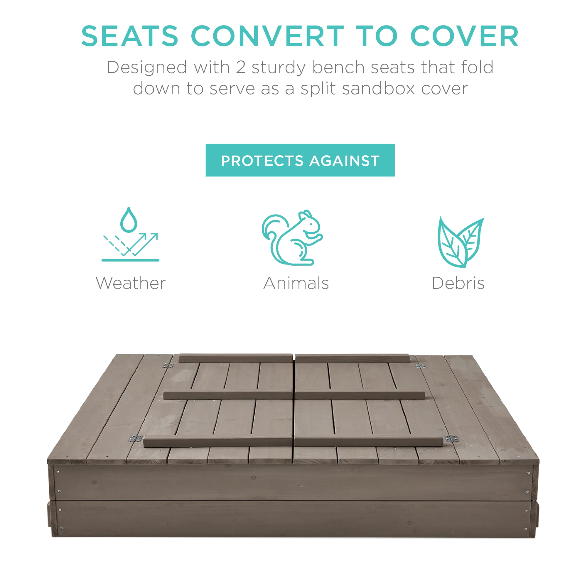 Kids Cedar Sandbox w/ Sand Screen, 2 Benches - 47x47in - Image 3
