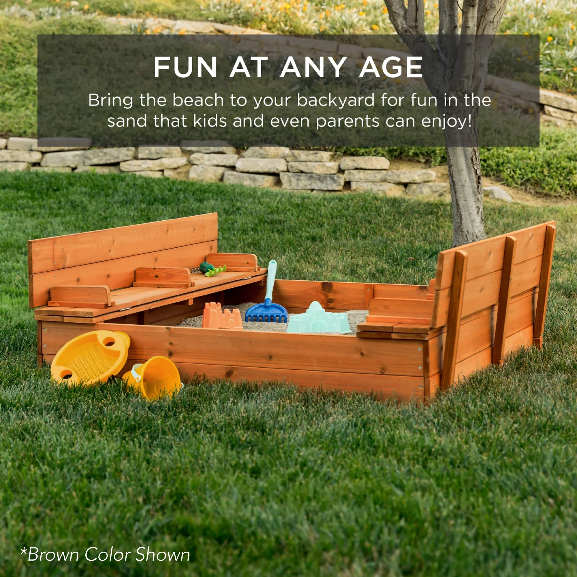 Kids Cedar Sandbox w/ Sand Screen, 2 Benches - 47x47in - Image 34