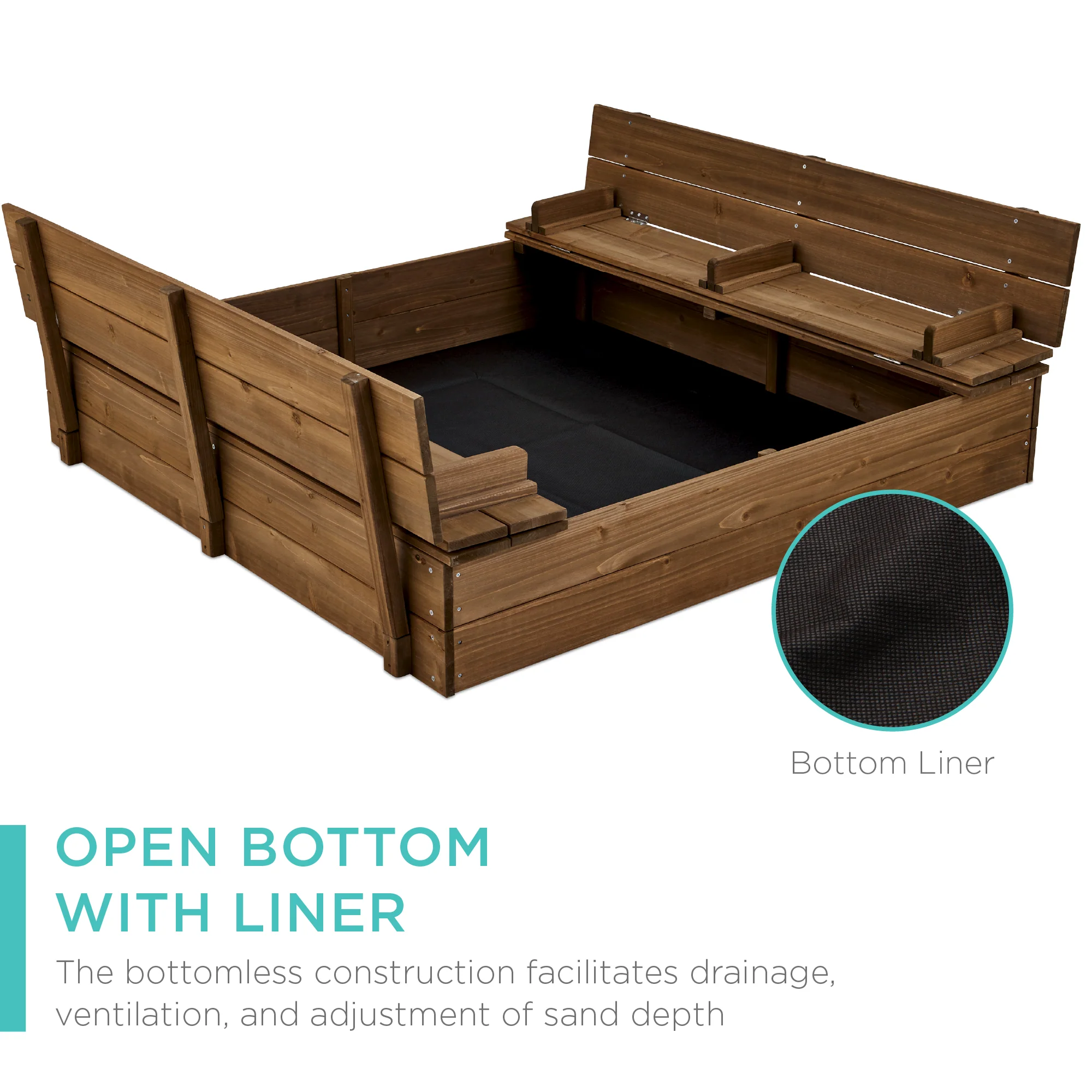 Kids Cedar Sandbox w/ Sand Screen, 2 Benches - 47x47in - Image 40