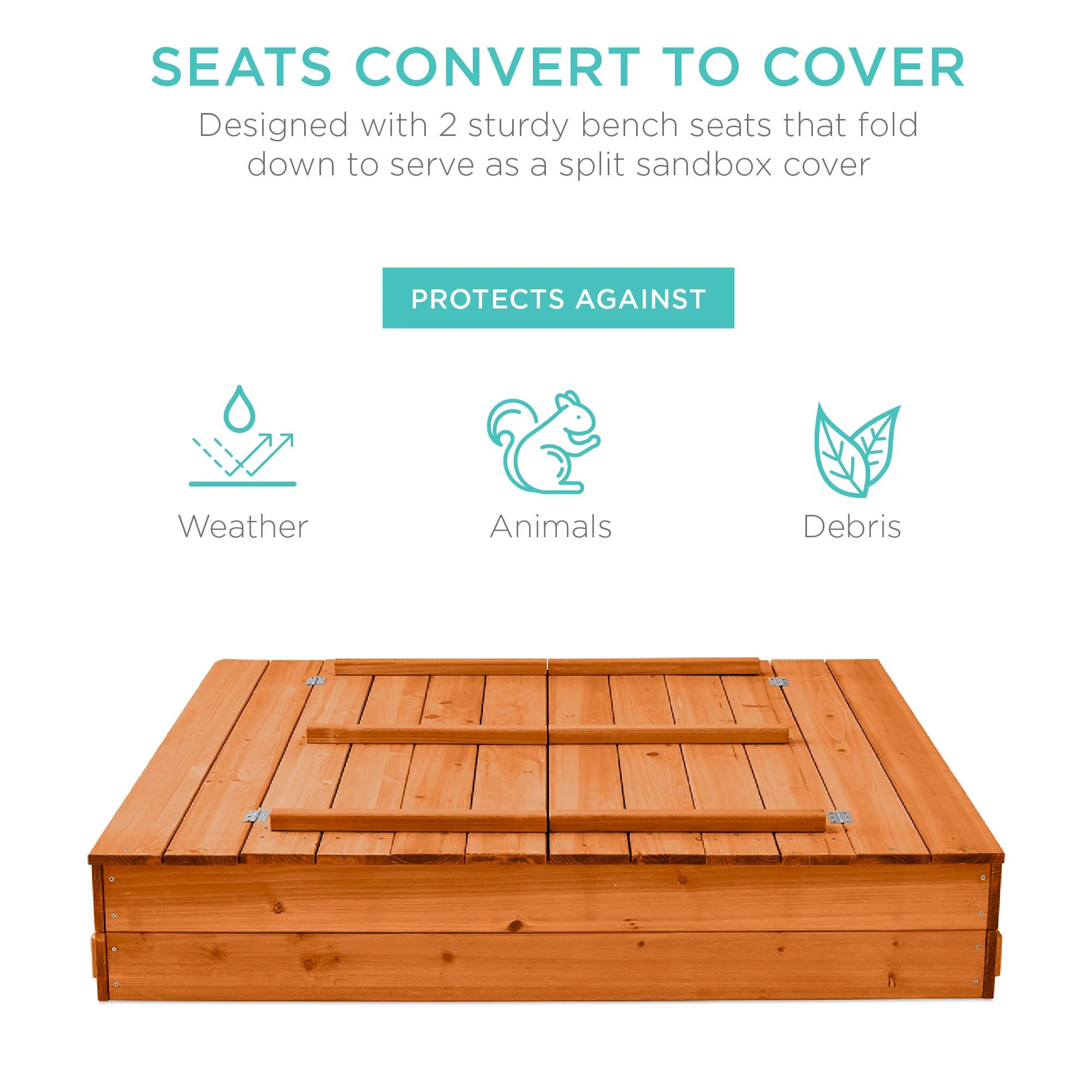 Kids Cedar Sandbox w/ Sand Screen, 2 Benches - 47x47in - Image 45
