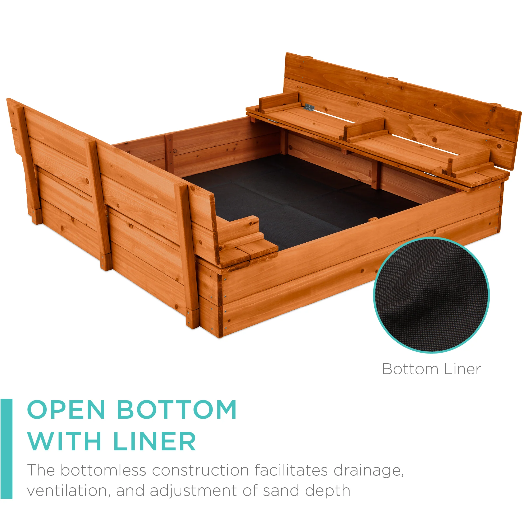 Kids Cedar Sandbox w/ Sand Screen, 2 Benches - 47x47in - Image 47