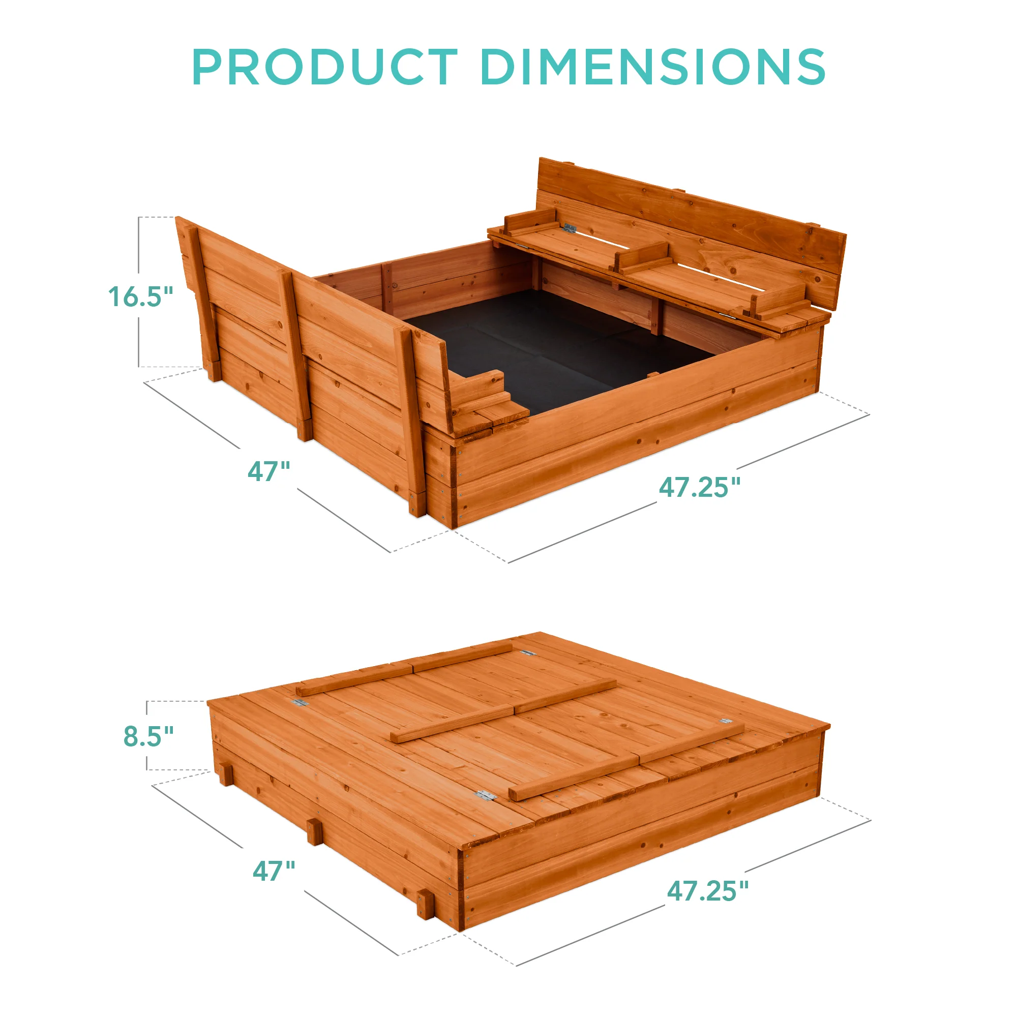 Kids Cedar Sandbox w/ Sand Screen, 2 Benches - 47x47in - Image 49