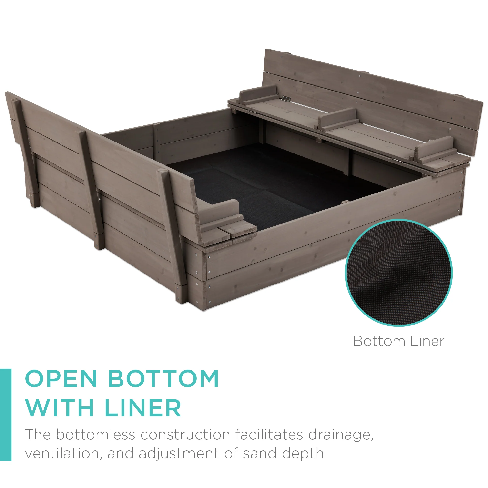 Kids Cedar Sandbox w/ Sand Screen, 2 Benches - 47x47in - Image 5