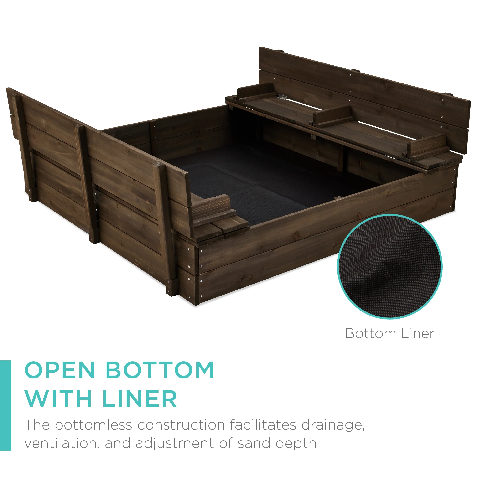 Kids Cedar Sandbox w/ Sand Screen, 2 Benches - 47x47in - Image 54