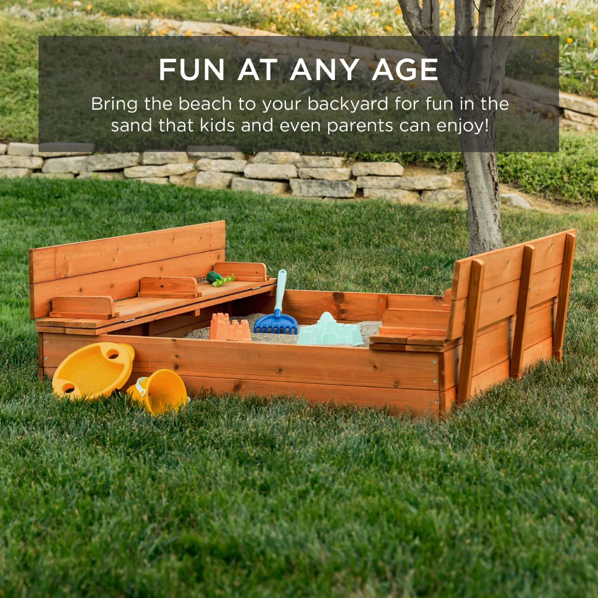 Kids Cedar Sandbox w/ Sand Screen, 2 Benches - 47x47in - Image 6