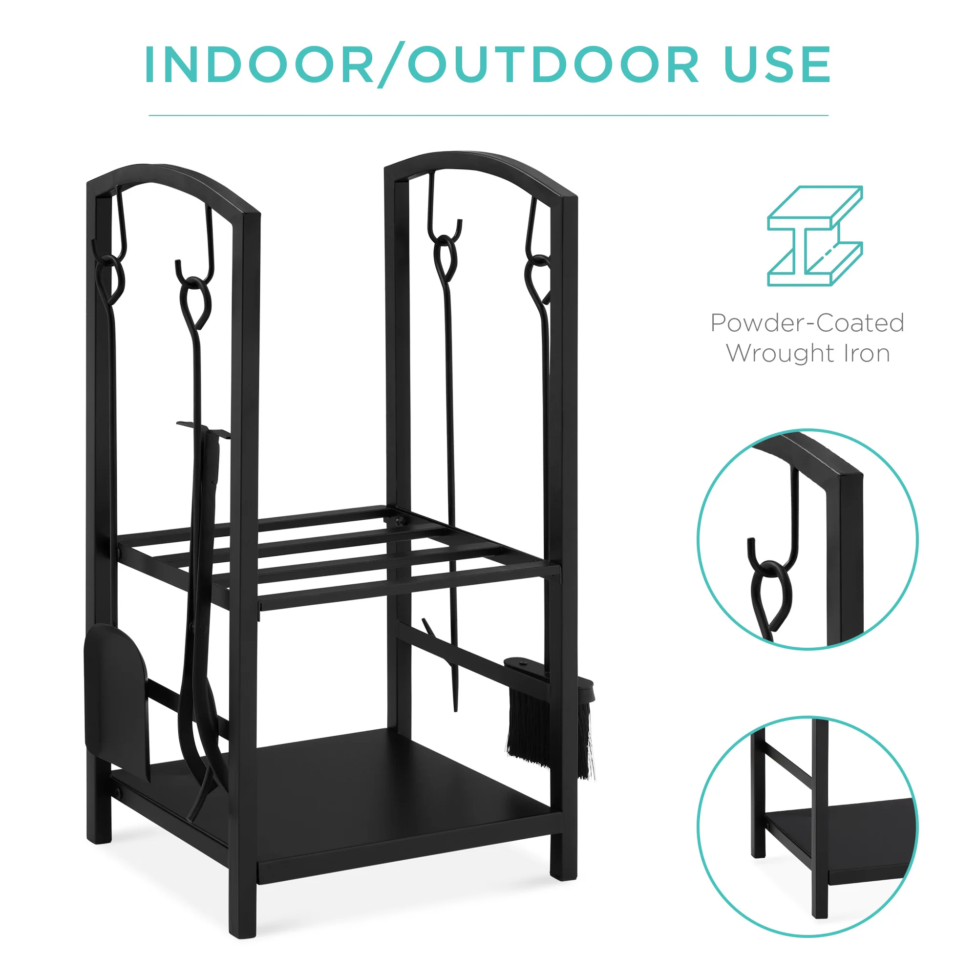 5-Piece Firewood Log Rack Holder Tools Set w/ Hook, Broom, Shovel, Tongs - Image 4