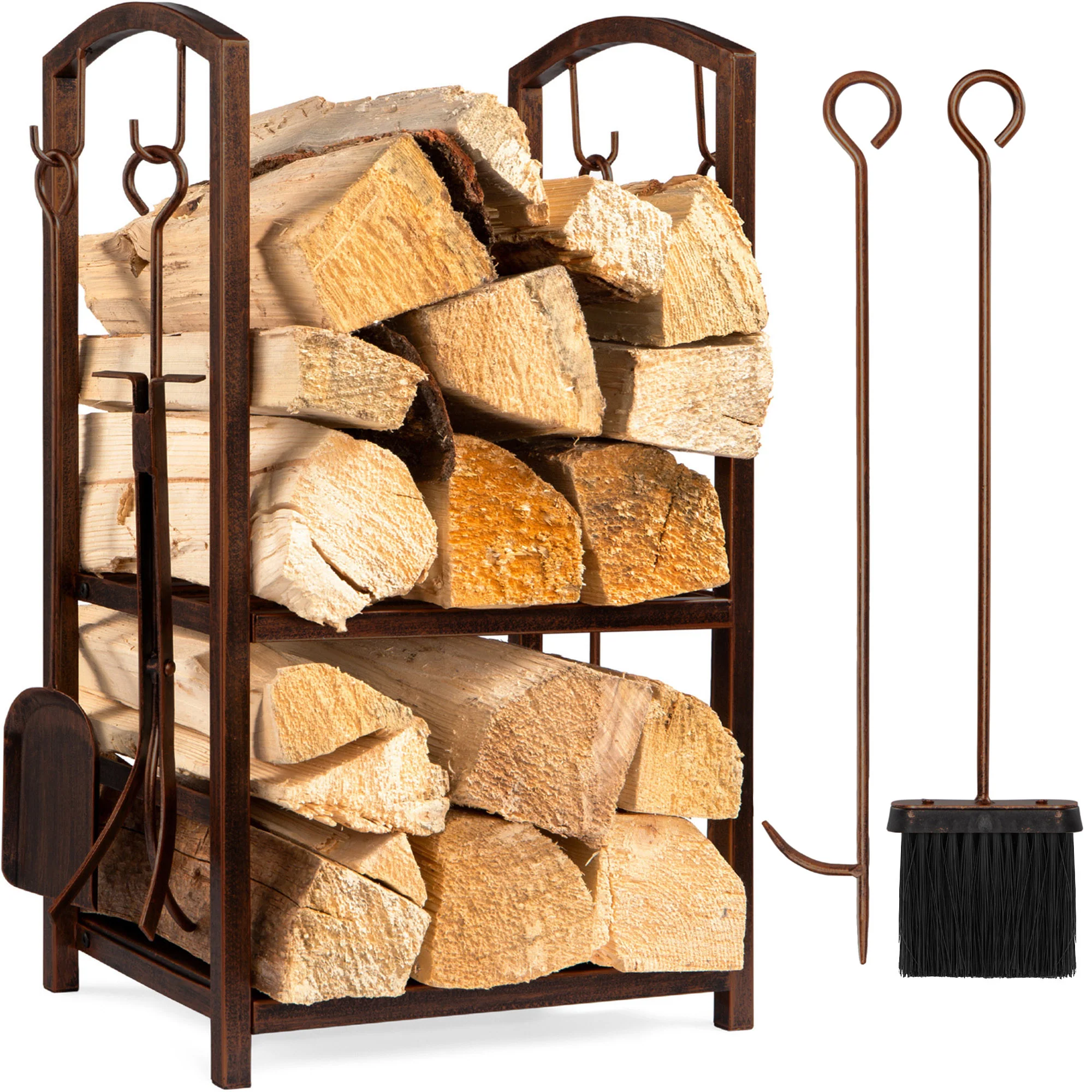 5-Piece Firewood Log Rack Holder Tools Set w/ Hook, Broom, Shovel, Tongs - Image 8