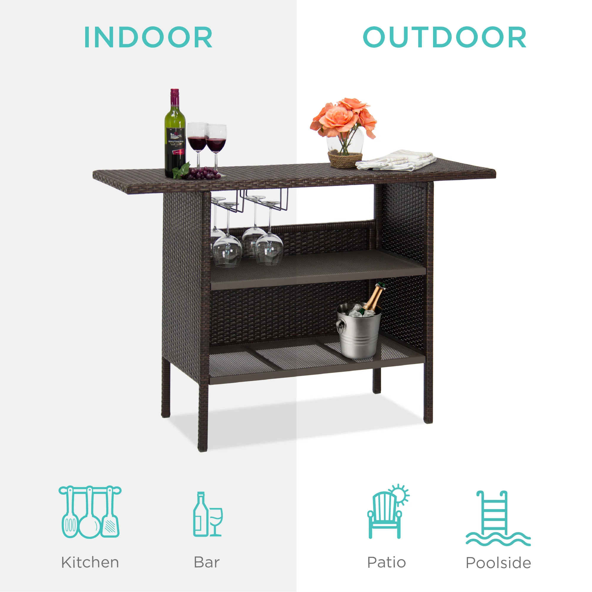 Outdoor Wicker Bar Counter Table w/ 2 Steel Shelves, 2 Rails - Image 10