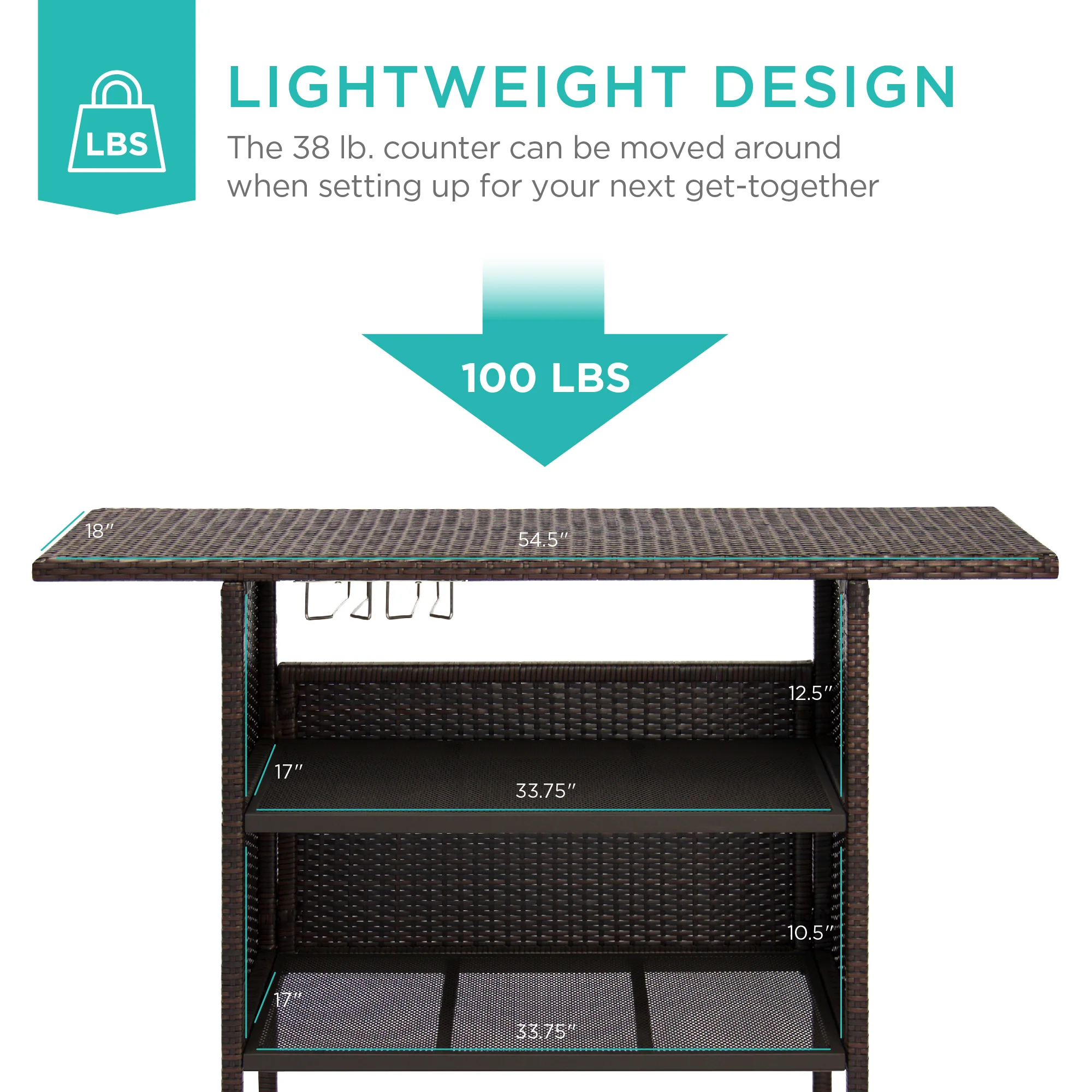 Outdoor Wicker Bar Counter Table w/ 2 Steel Shelves, 2 Rails - Image 11