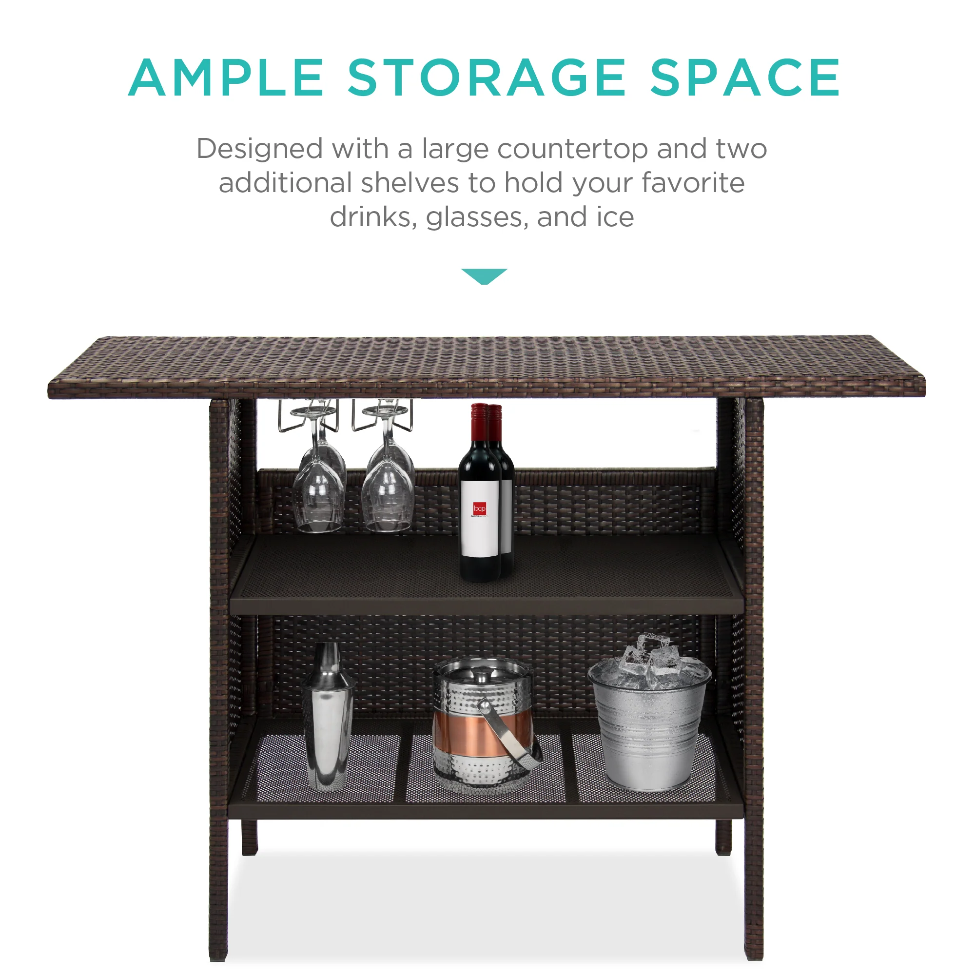 Outdoor Wicker Bar Counter Table w/ 2 Steel Shelves, 2 Rails - Image 12