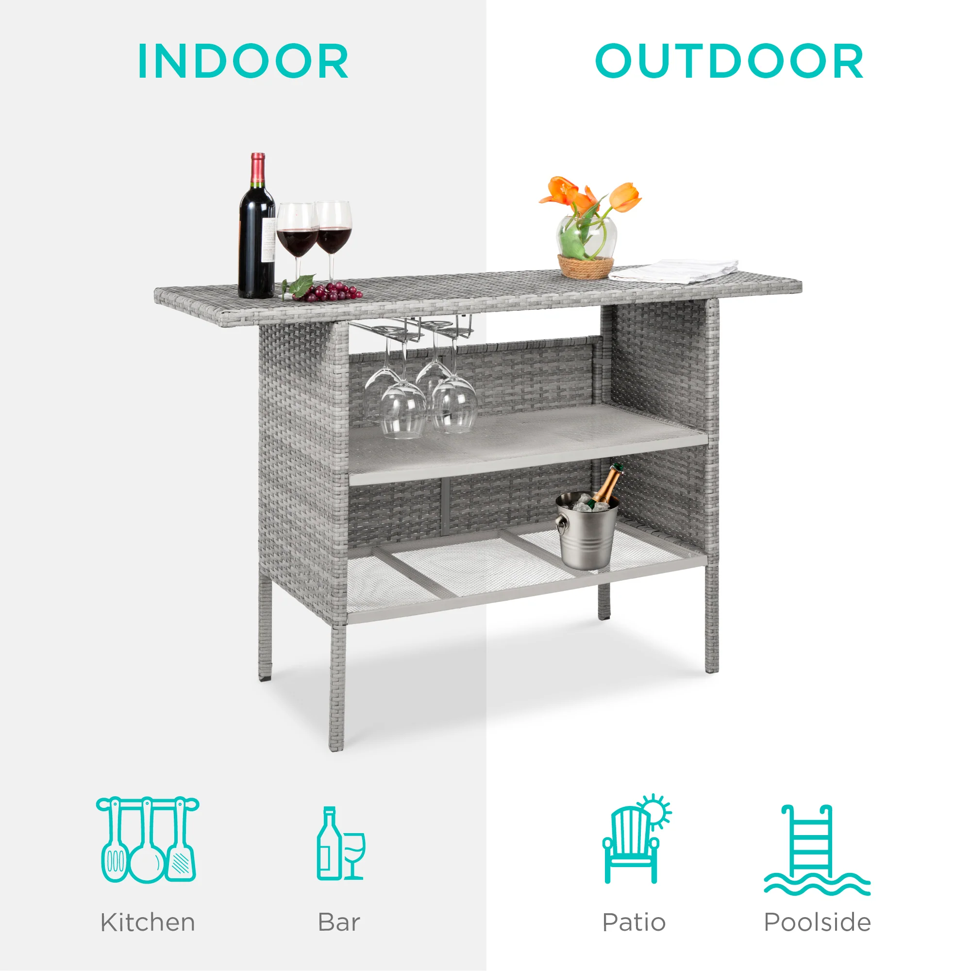 Outdoor Wicker Bar Counter Table w/ 2 Steel Shelves, 2 Rails - Image 3