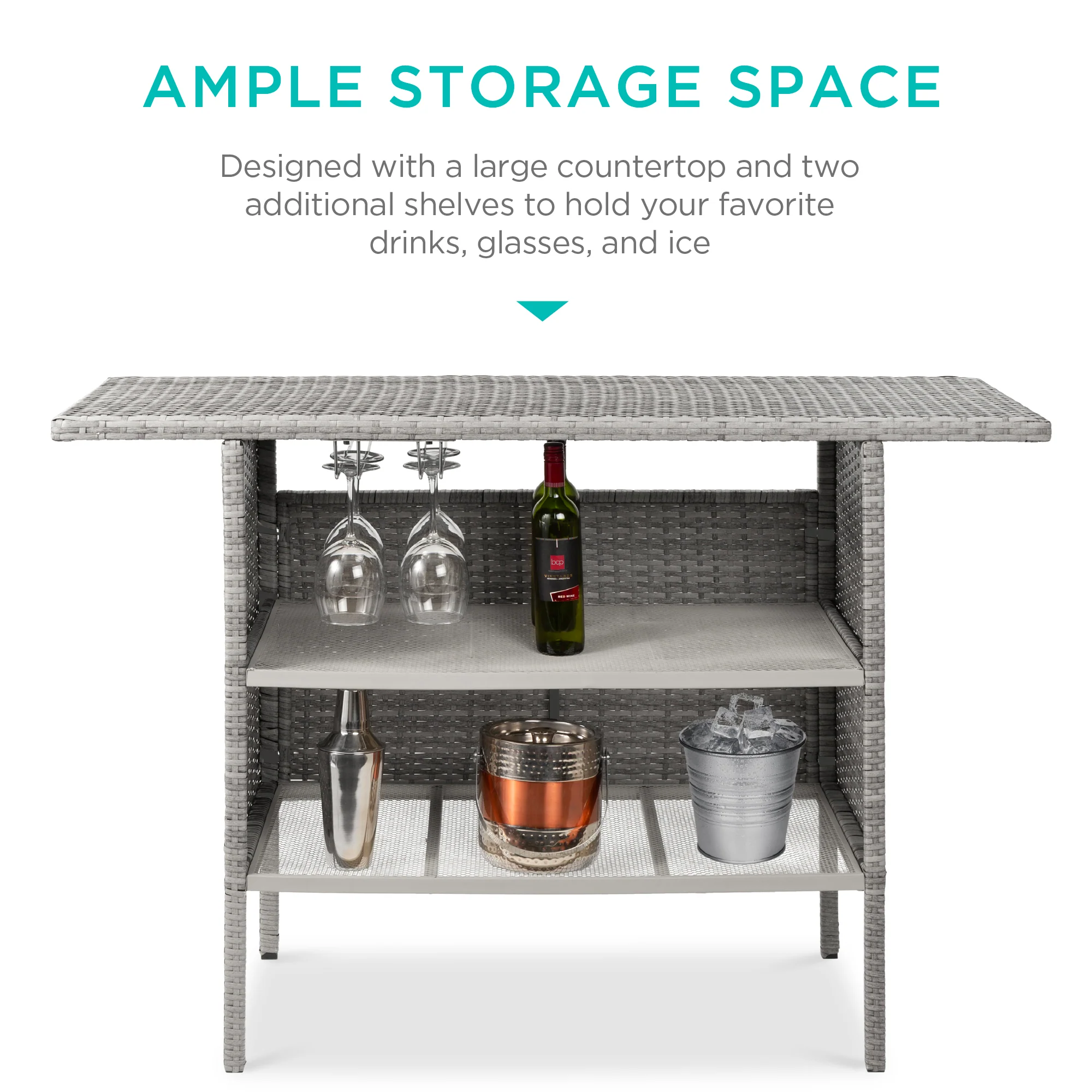 Outdoor Wicker Bar Counter Table w/ 2 Steel Shelves, 2 Rails - Image 5