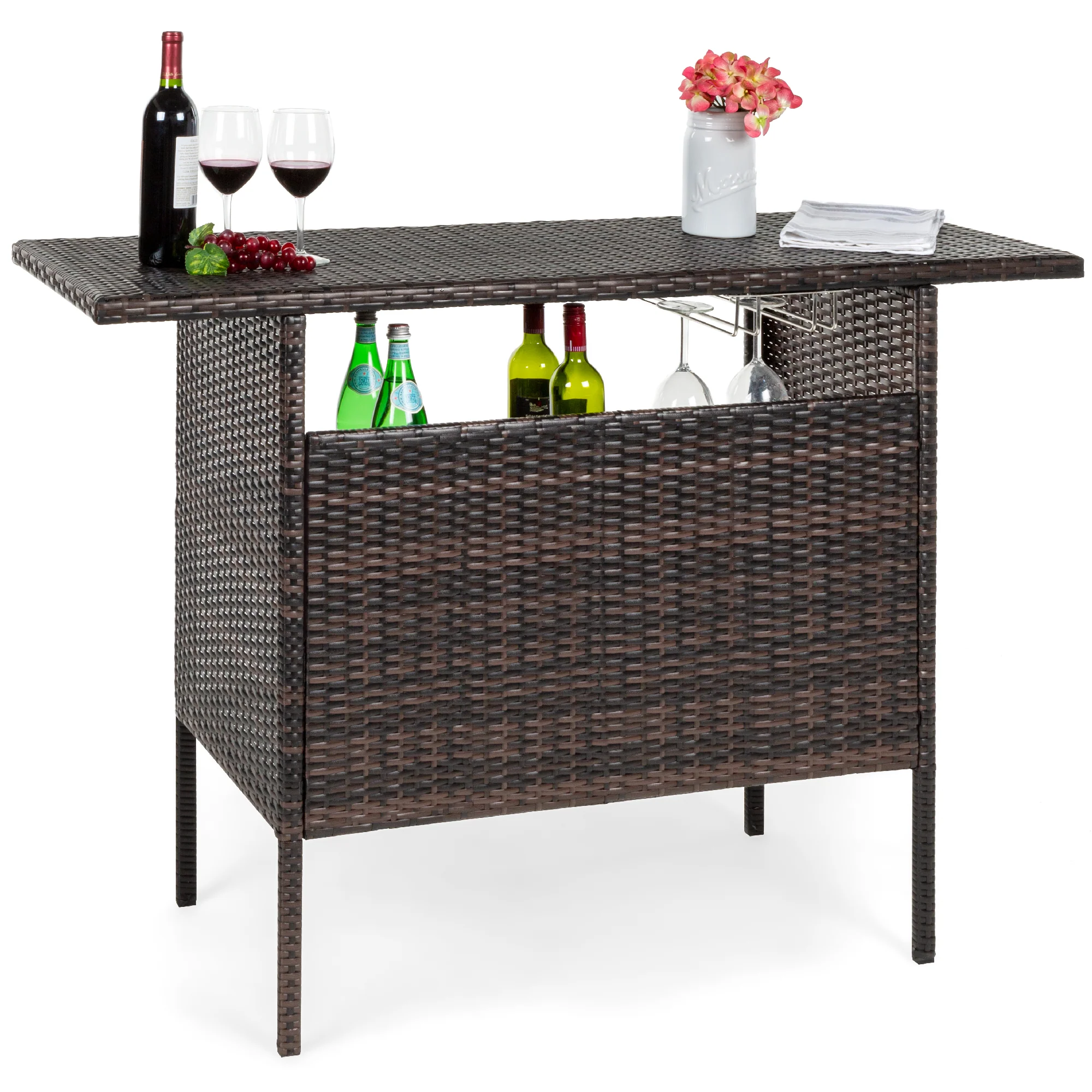 Outdoor Wicker Bar Counter Table w/ 2 Steel Shelves, 2 Rails - Image 8