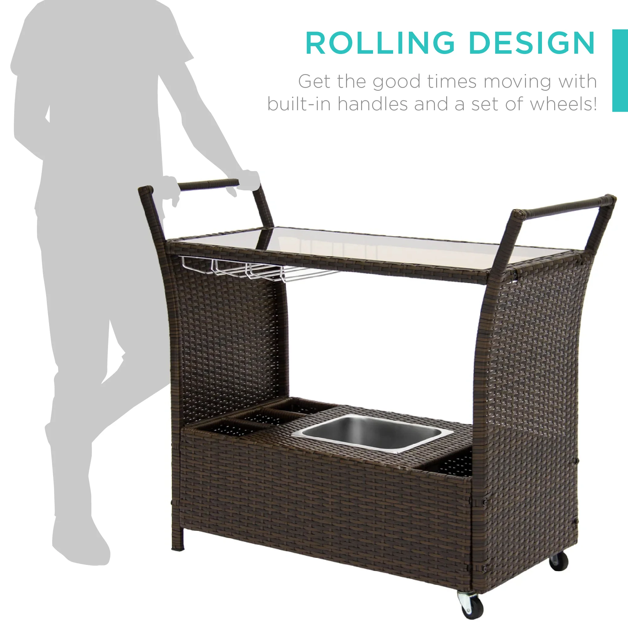 Wicker Serving Bar Cart w/ Wheels, Glass Counter, Ice Bucket - Image 3