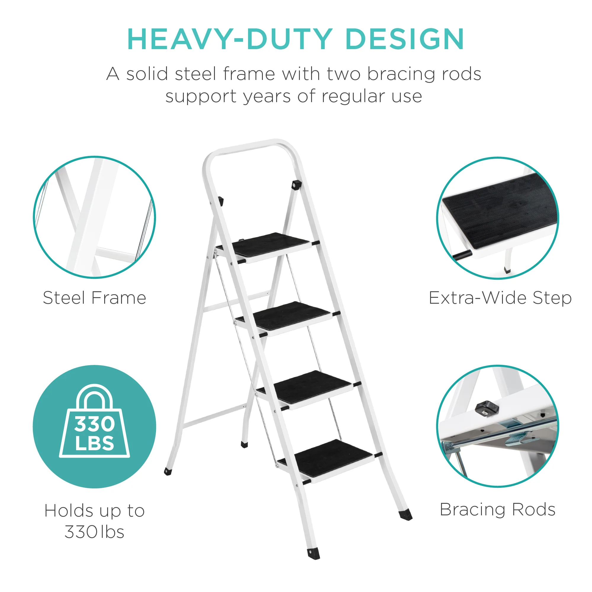 Folding Steel 4-Step Ladder w/ Hand Rail, Wide Steps, 330lbs Capacity - Image 3