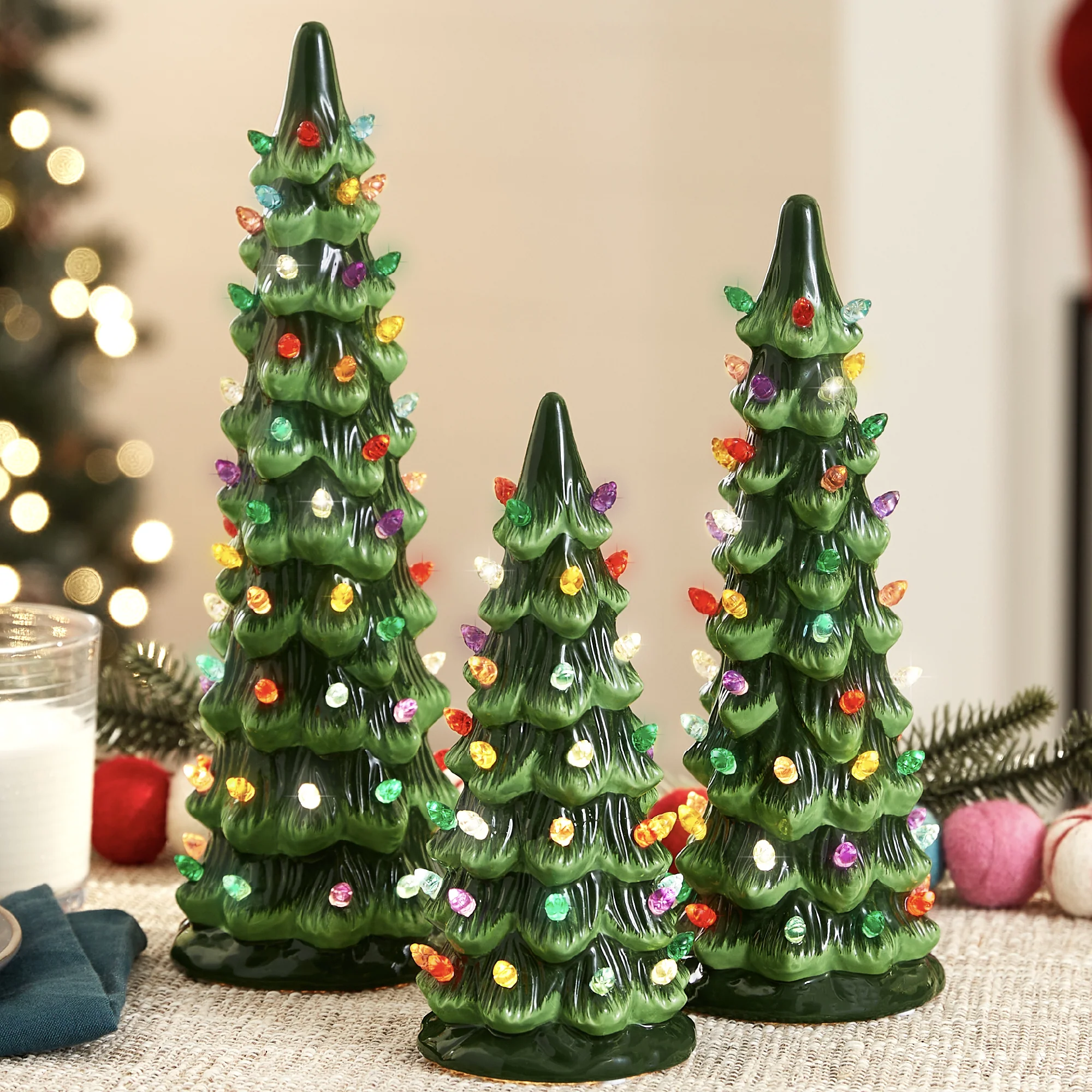 Set of 3 XL Pre-Lit Ceramic Tabletop Christmas Trees - Image 8