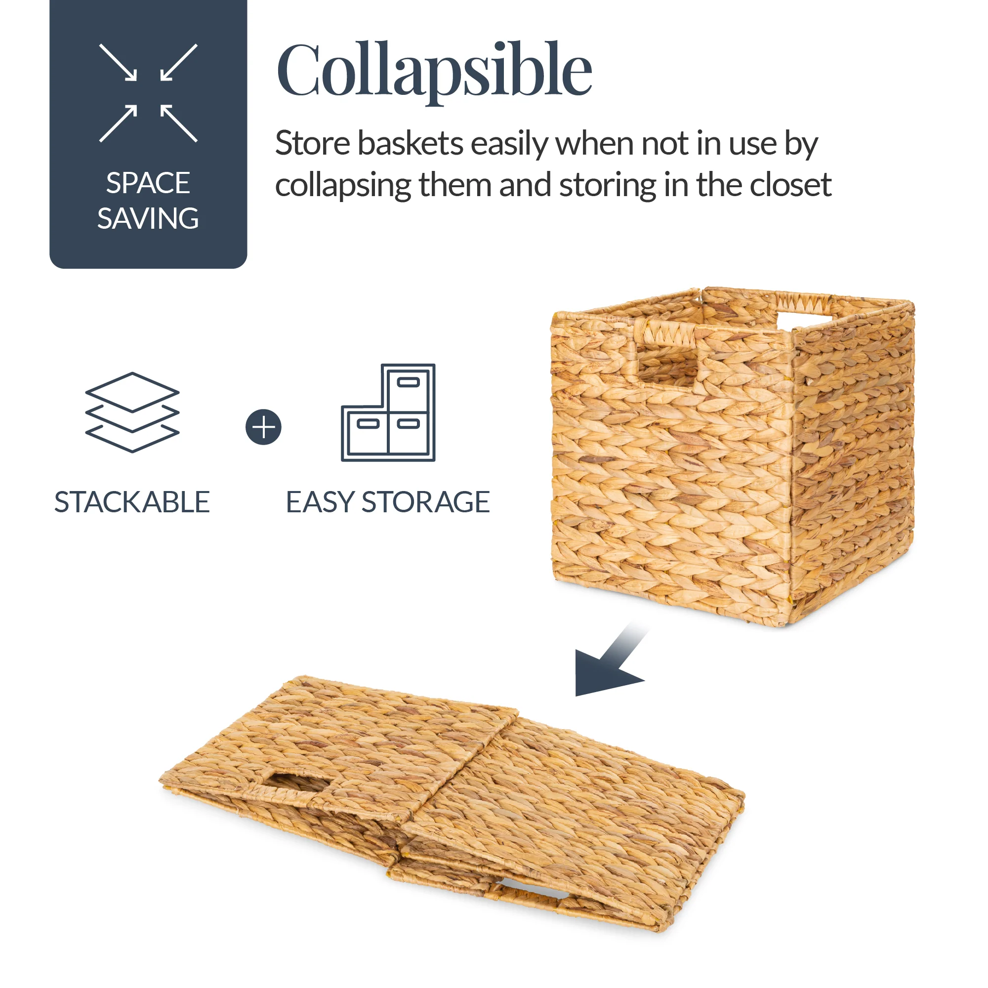 Set of 5 Collapsible Hyacinth Storage Baskets w/ Inserts - 12x12in - Image 17