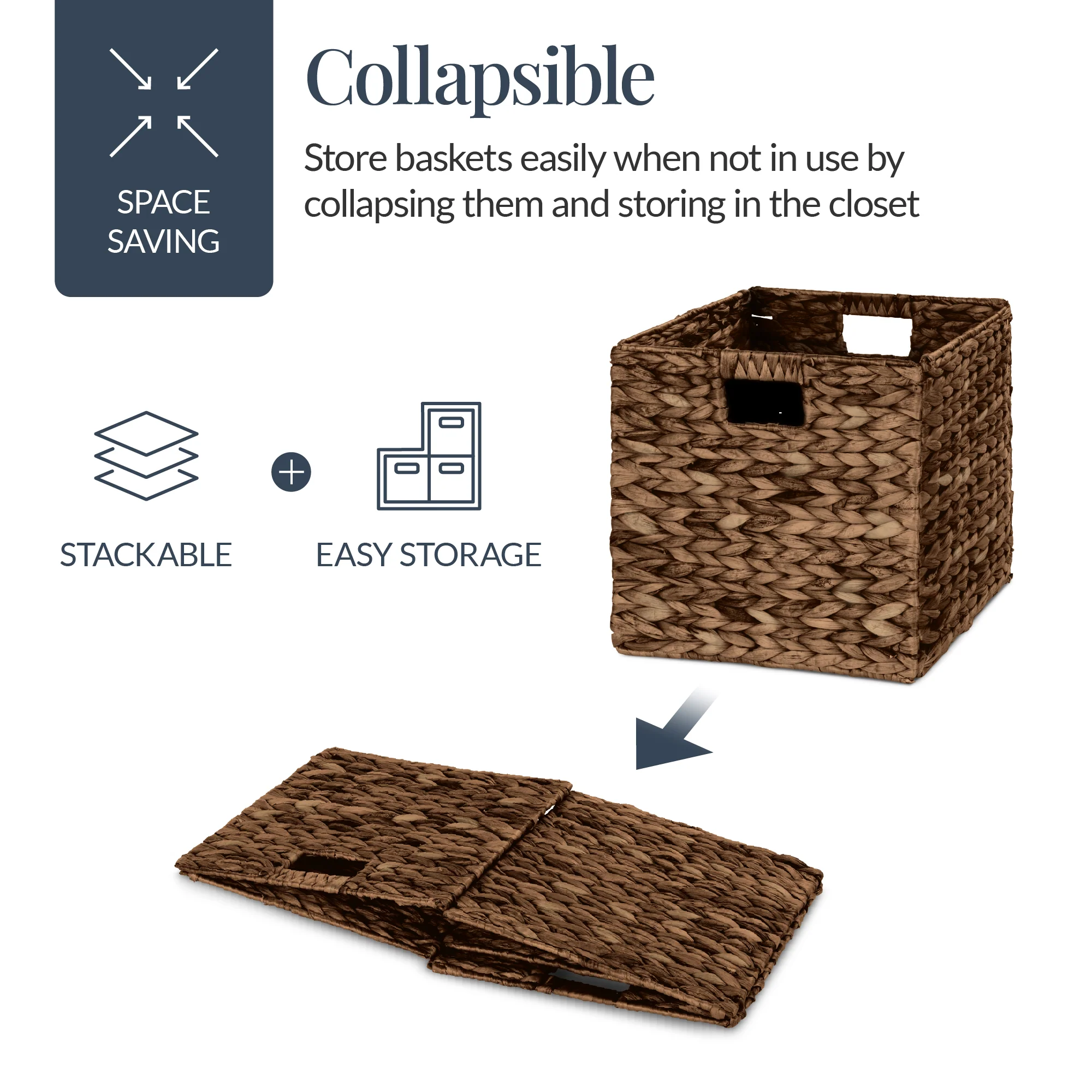 Set of 5 Collapsible Hyacinth Storage Baskets w/ Inserts - 12x12in - Image 38
