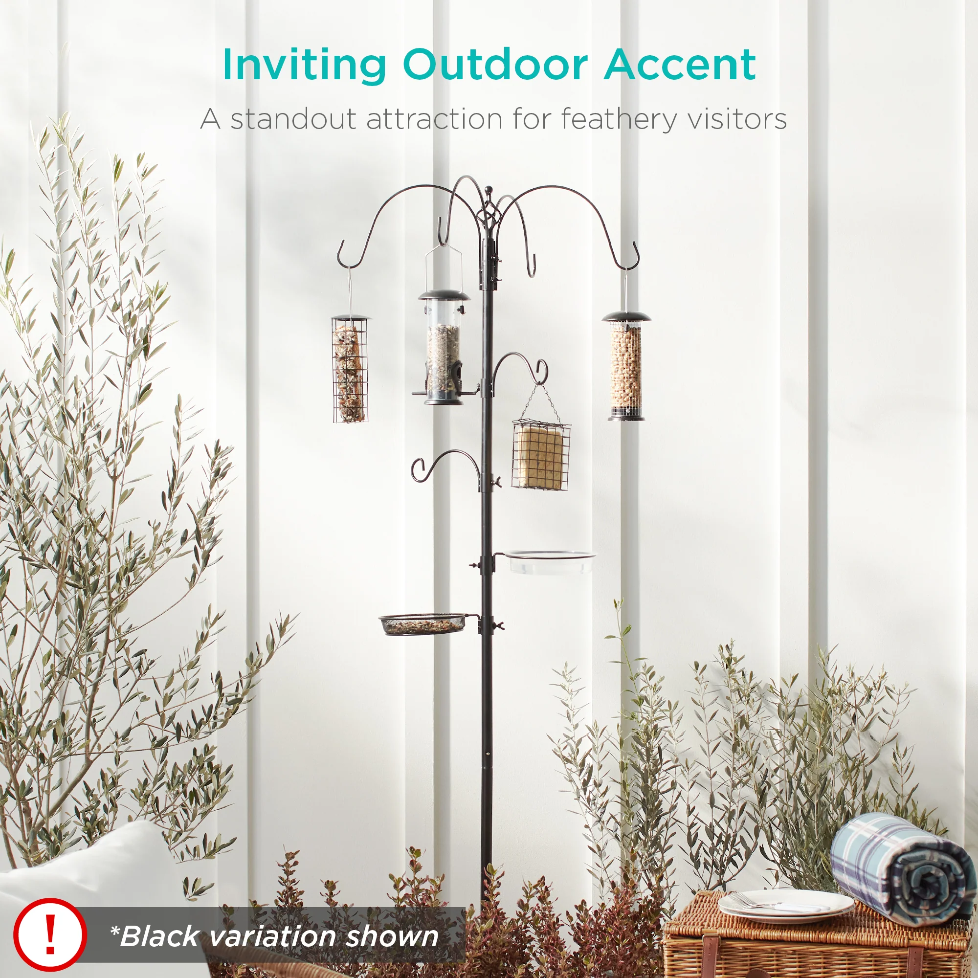 Bird Feeding Station, 6-Hook Steel Multi-Feeder Stand w/ 4 Feeders - 89in - Image 13