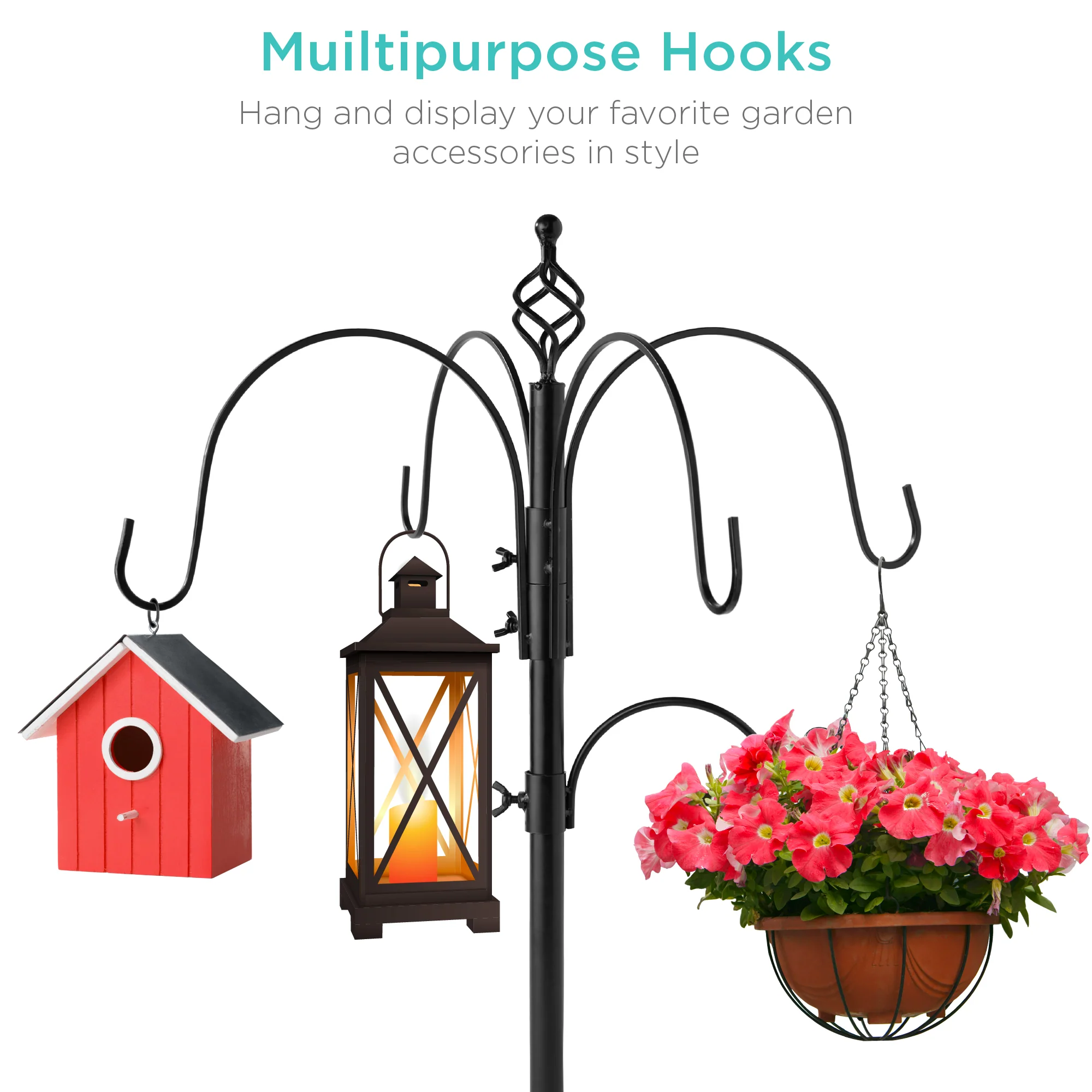 Bird Feeding Station, 6-Hook Steel Multi-Feeder Stand w/ 4 Feeders - 89in - Image 3