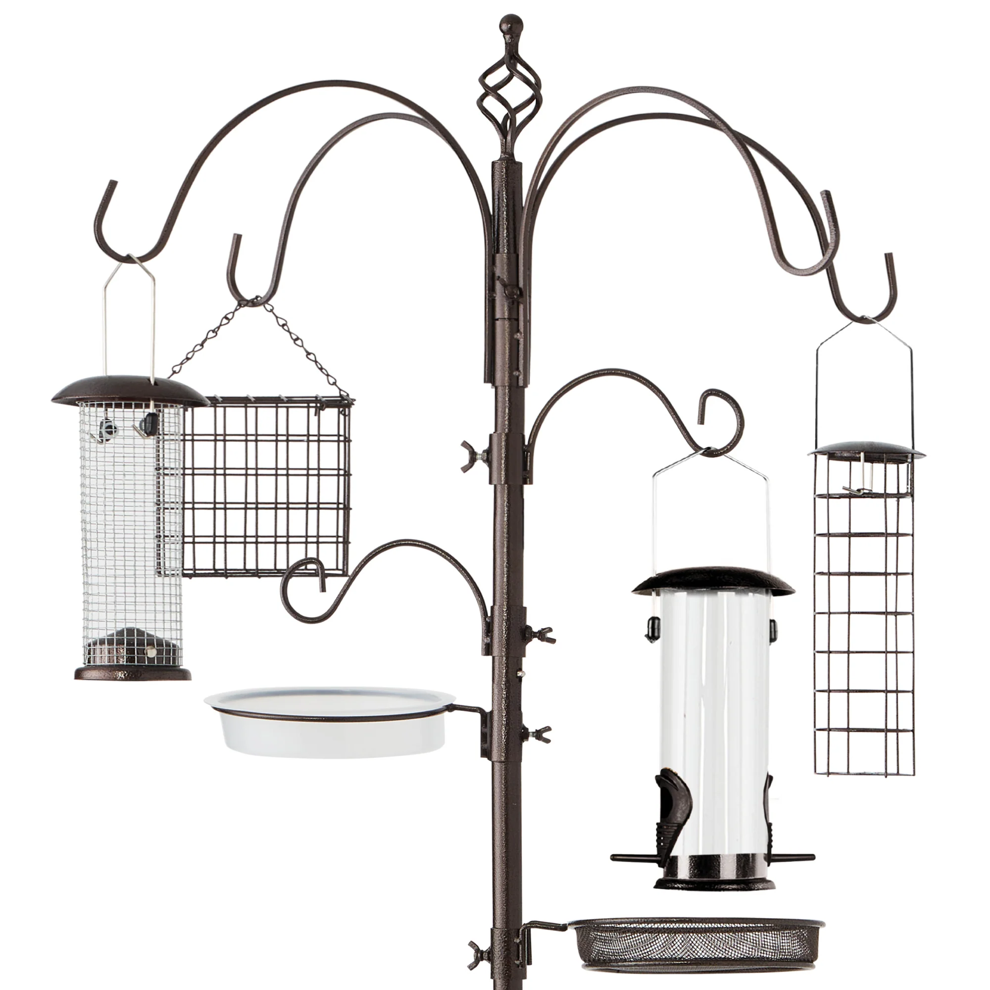 Bird Feeding Station, 6-Hook Steel Multi-Feeder Stand w/ 4 Feeders - 89in - Image 8